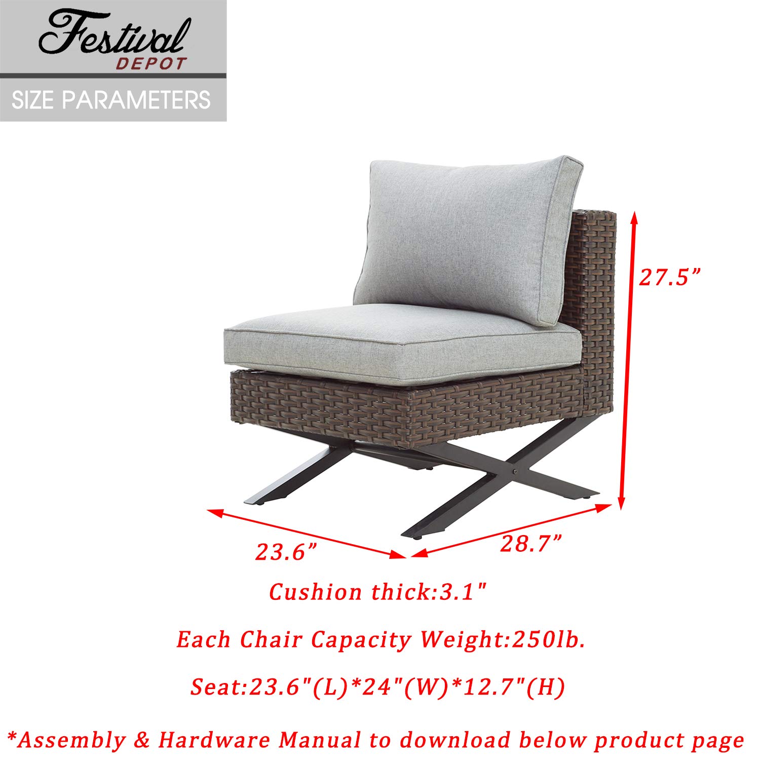 Festival Depot Wicker Patio Chair - Armless Rattan Dining Chair with Thick Cushions, All-Weather Outdoor Furniture for Garden, Yard, Poolside - Perfect for Relaxing, Dining & Entertaining Outdoors