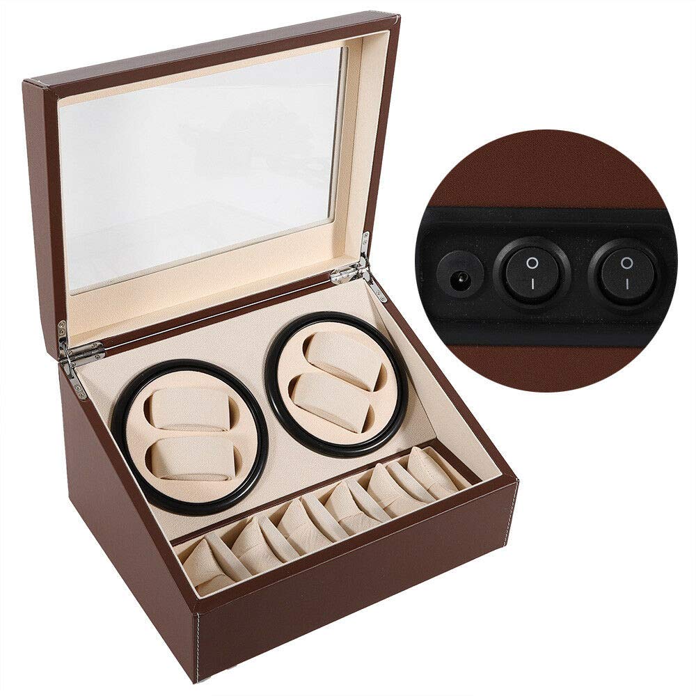 Premium Wooden Watch Box Organizer with Automatic Rotation - 4+6 Watch Winder Storage Case for Men, Jewelry Display Box with Transparent Lid (Brown) - Perfect Gift for Watch Collectors & Luxury Storage Solution