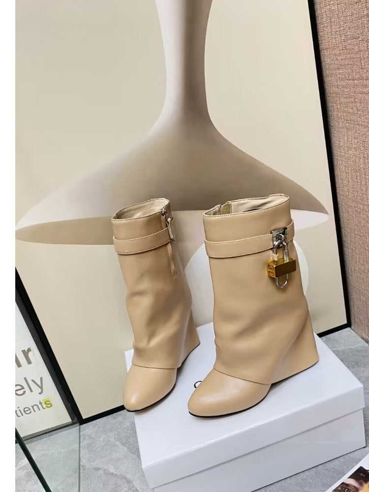 Women's Fashion High Heel Leather Boots with Side Zipper - Chunky Heel & Large Buckle Design for Autumn/Winter | Perfect for Office, Party & Night Out