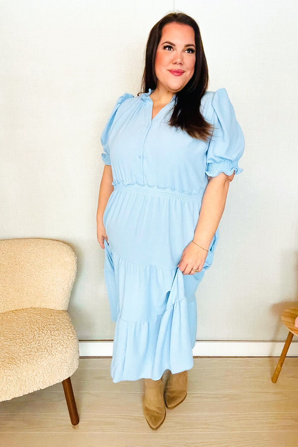 Follow Me Aqua Frill Notch Neck Shirred Waist Tiered Maxi Dress - Elegant Summer Beach Dress for Women, Perfect for Vacations, Weddings & Outdoor Parties