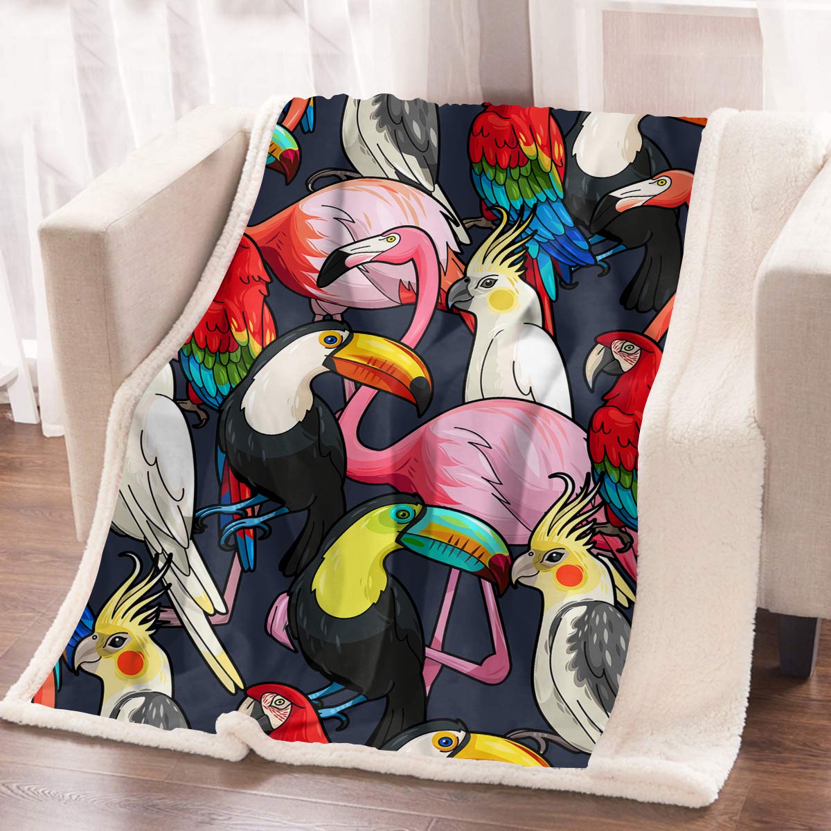 ARIGHTEX Tropical Birds Throw Blanket - Watercolor Bird Sherpa Fleece Blanket (50x60 Inches) | Reversible Exotic Wildlife Design for Sofa, Bed & Outdoor Use - Soft Black Abstract Pattern Home Decor