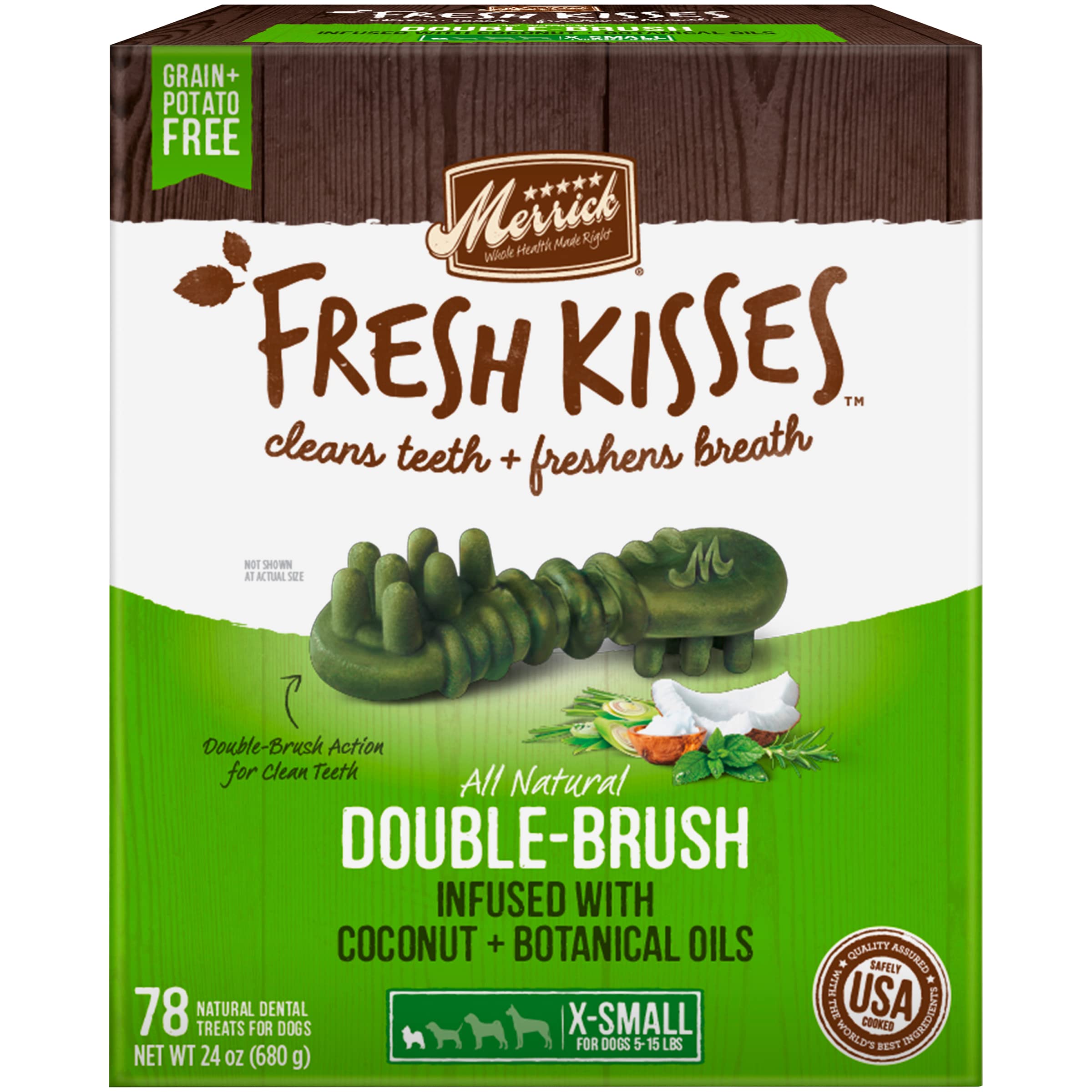 Merrick Fresh Kisses Double-Brush Dental Dog Treats for Small Dogs - Coconut & Botanical Oil Infused Teeth Cleaning Chews - 78 Treats per Pack (Pack of 2) - Freshens Breath & Promotes Oral Health for Puppies and Toy Breeds