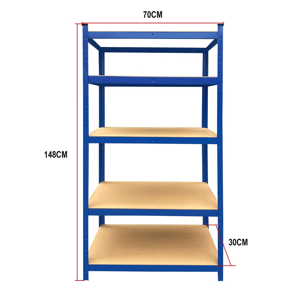 Heavy Duty 5-Tier Metal Shelving Unit - 148x70x30cm Freestanding Industrial Storage Rack, 750KG Capacity, Boltless Assembly - Blue Steel Shelf for Garage, Workshop, Shed, Office & Home Organization