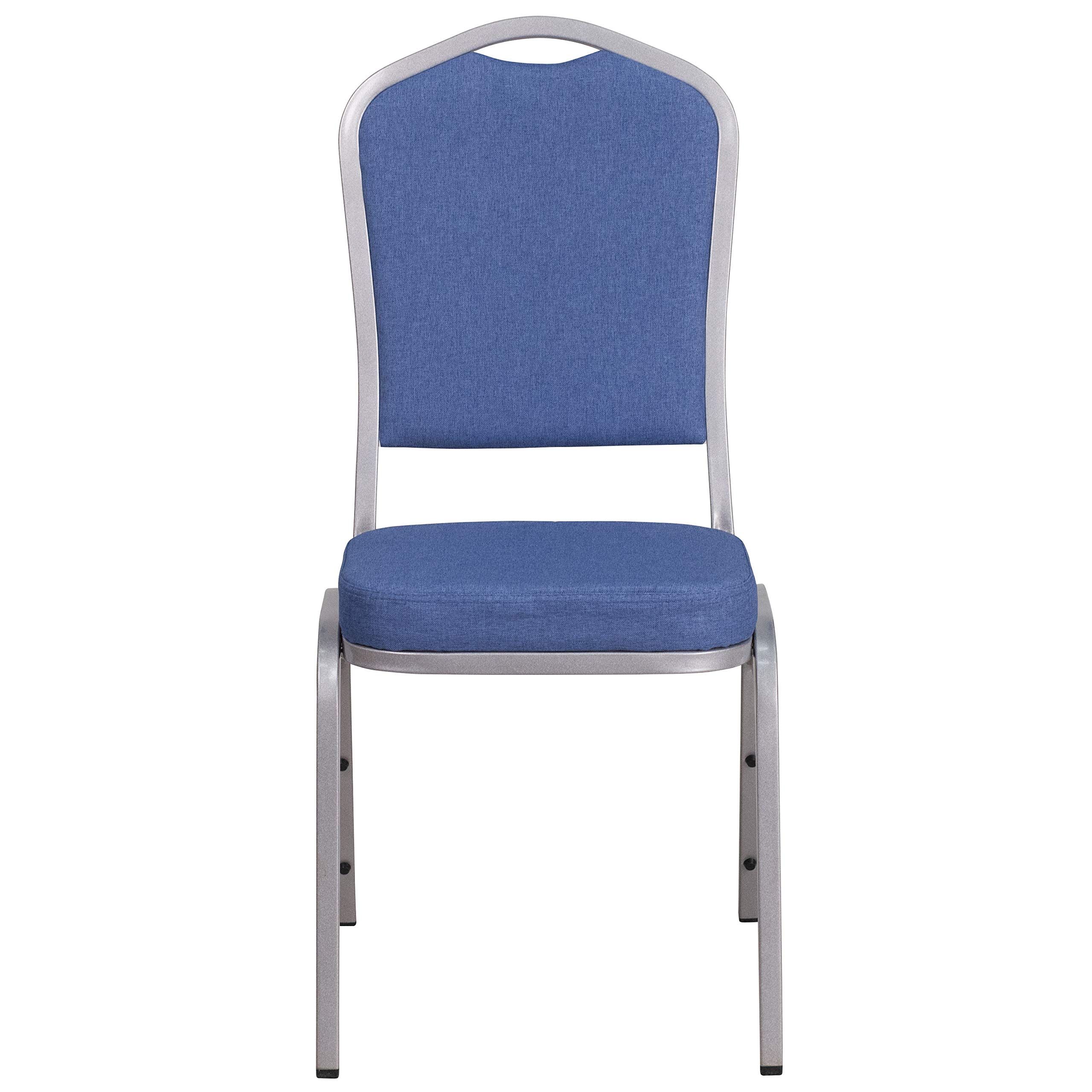 EMMA + OLIVER 4 Pack Blue Fabric Crown Back Stacking Banquet Chairs with Silver Frame - Perfect for Weddings, Events & Home Dining