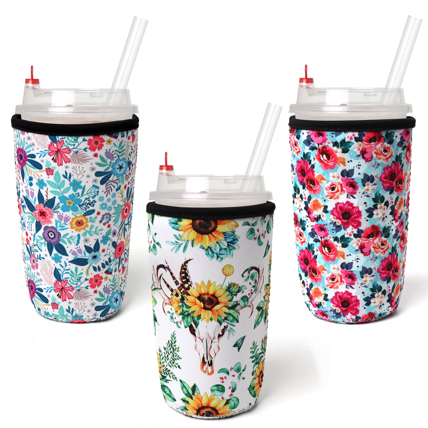 Reusable Neoprene Iced Coffee Sleeve for Cold Drink Cups (30-32oz) - Insulating Cup Cover Holder Compatible with Starbucks, Dunkin, McDonald's - 3mm Thick Large Size with Floral Design - Perfect for Iced Coffee, Bubble Tea, and Smoothies On-The-Go