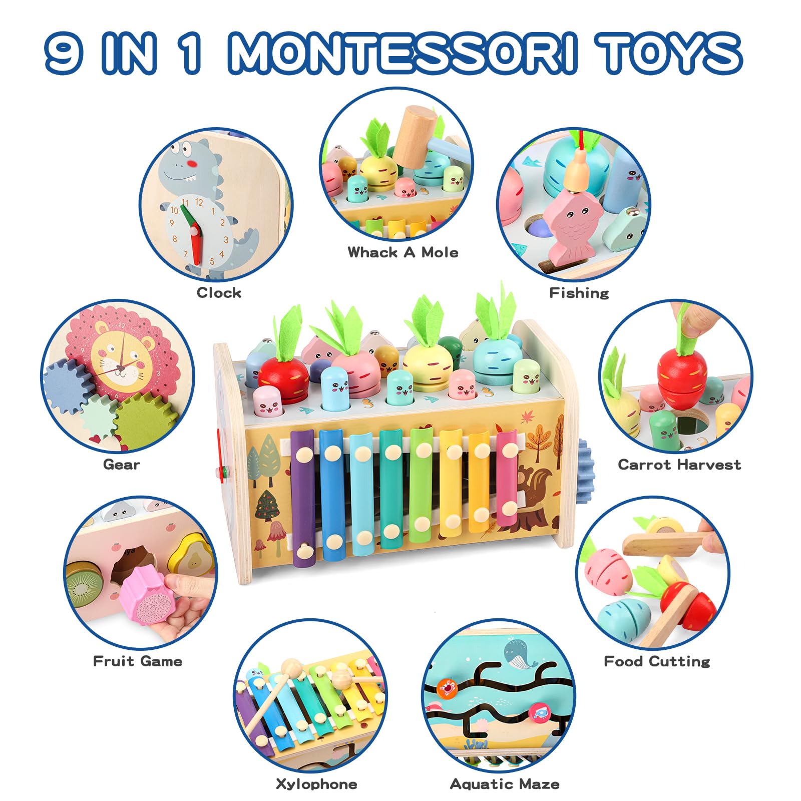9-in-1 Montessori Wooden Hammering Toy for Toddlers 1-3 Years - Whack A Mole Game with Xylophone, Early Learning Activity for Boys & Girls - Perfect Birthday Gift for Sensory Play & Motor Skill Development