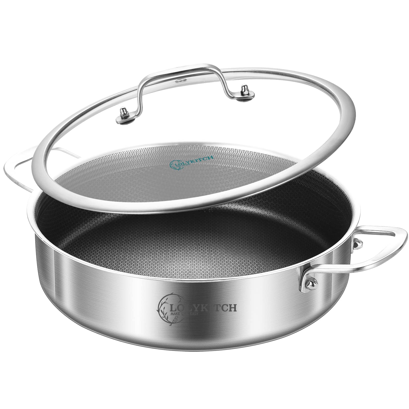 LOLYKITCH 10 Inch Tri-Ply Stainless Steel Deep Frying Pan with Lid - Nonstick Sauté Pan for Induction Cooktop, Oven & Dishwasher Safe - Perfect for Frying, Searing & Cooking Steak, Eggs & Pasta