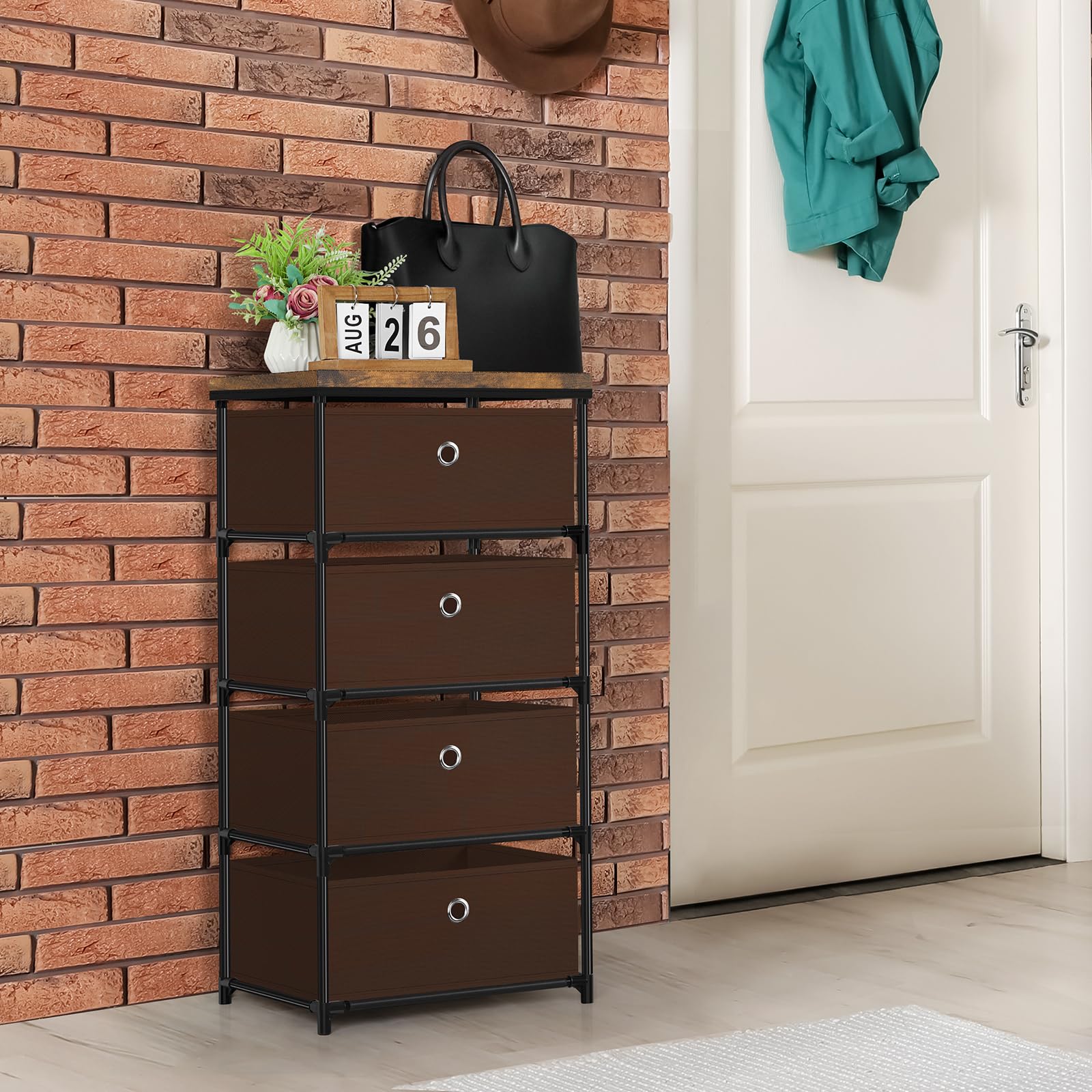 MOOACE 4-Drawer Fabric Storage Dresser - Clothes Organizer & Storage Tower for Bedroom - Small Fabric Chest of Drawers - Brown - Perfect for Closet Organization, Nursery Storage & Small Space Living