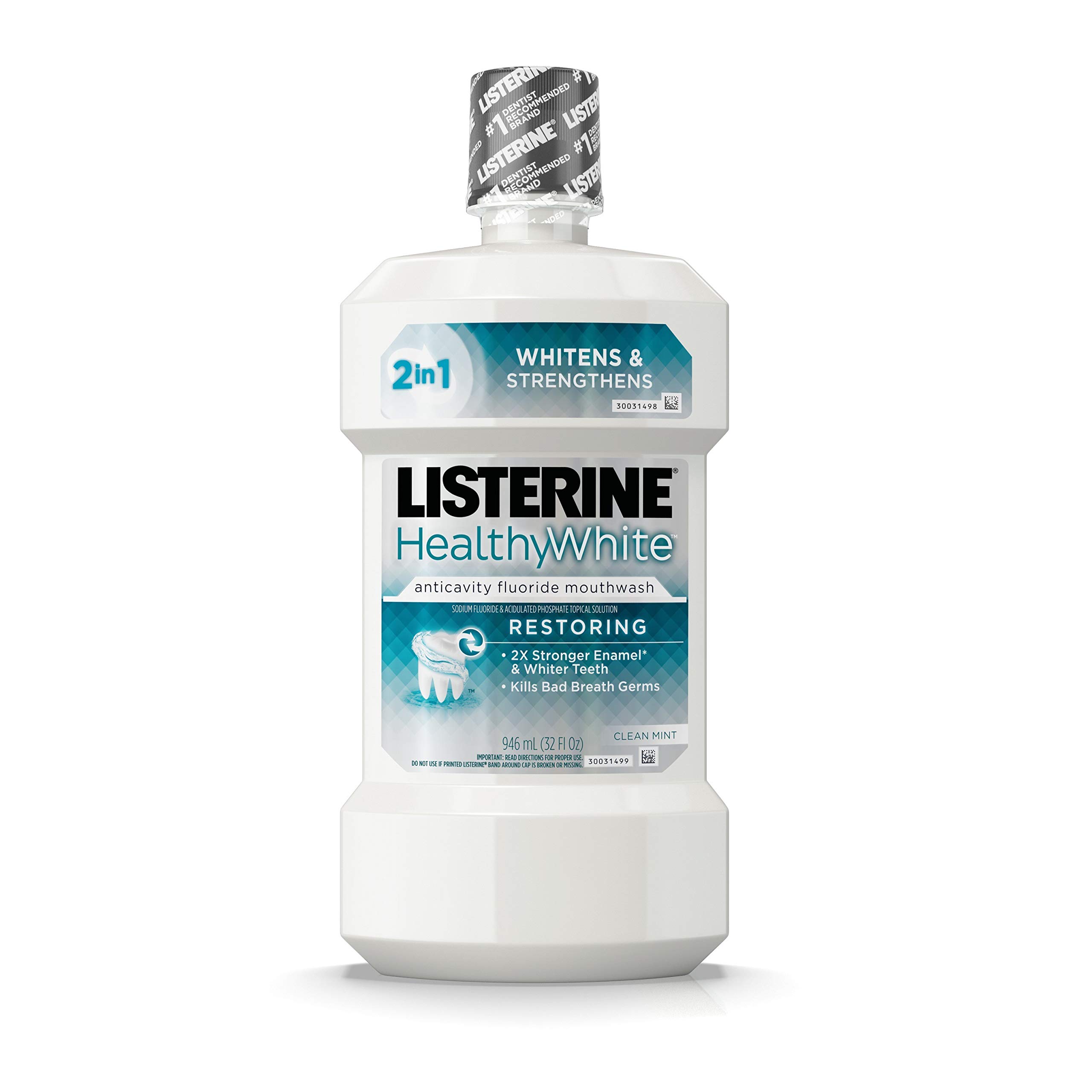 Listerine Healthy White Restoring Fluoride Mouthwash - Anticavity Teeth Whitening Rinse for Bad Breath & Enamel Protection, Clean Mint Flavor, 32 fl oz | Fresh Breath Solution for Daily Oral Care & Whitening
