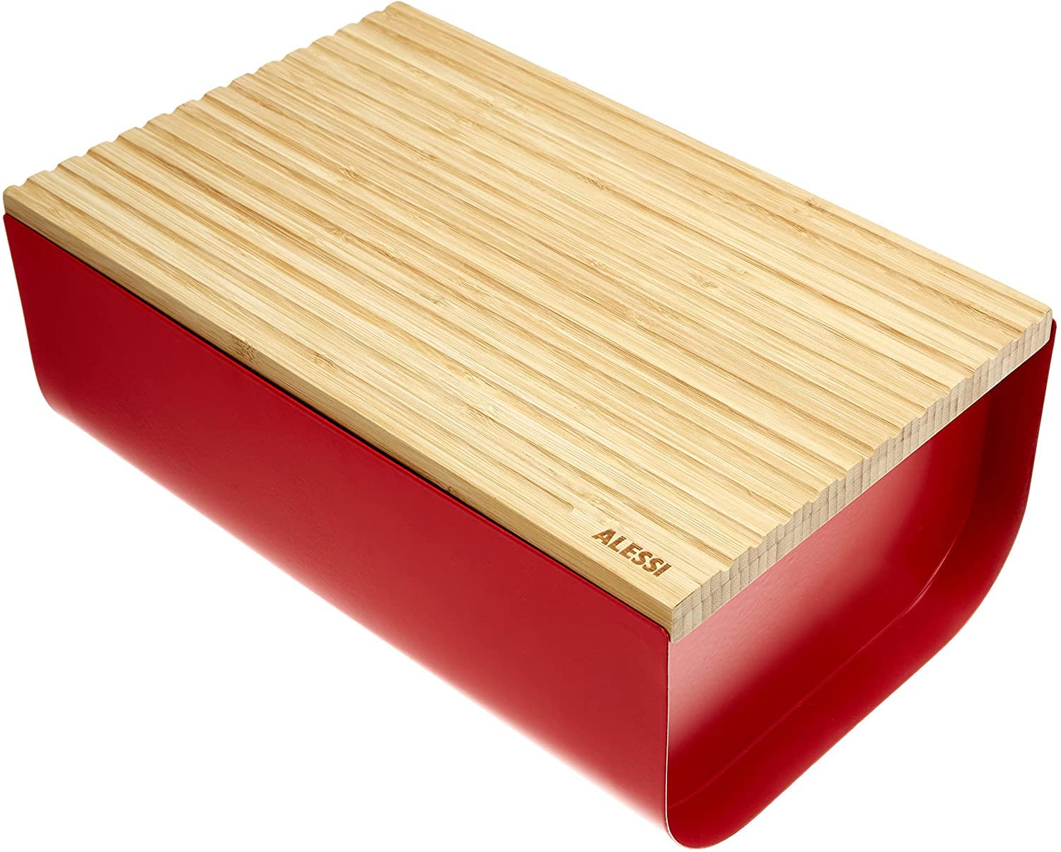 Alessi BG03 R Mattina Bread Box - Stainless Steel with Epoxy Resin & Bamboo Cutting Board - Red - Perfect for Kitchen Storage & Countertop Organization