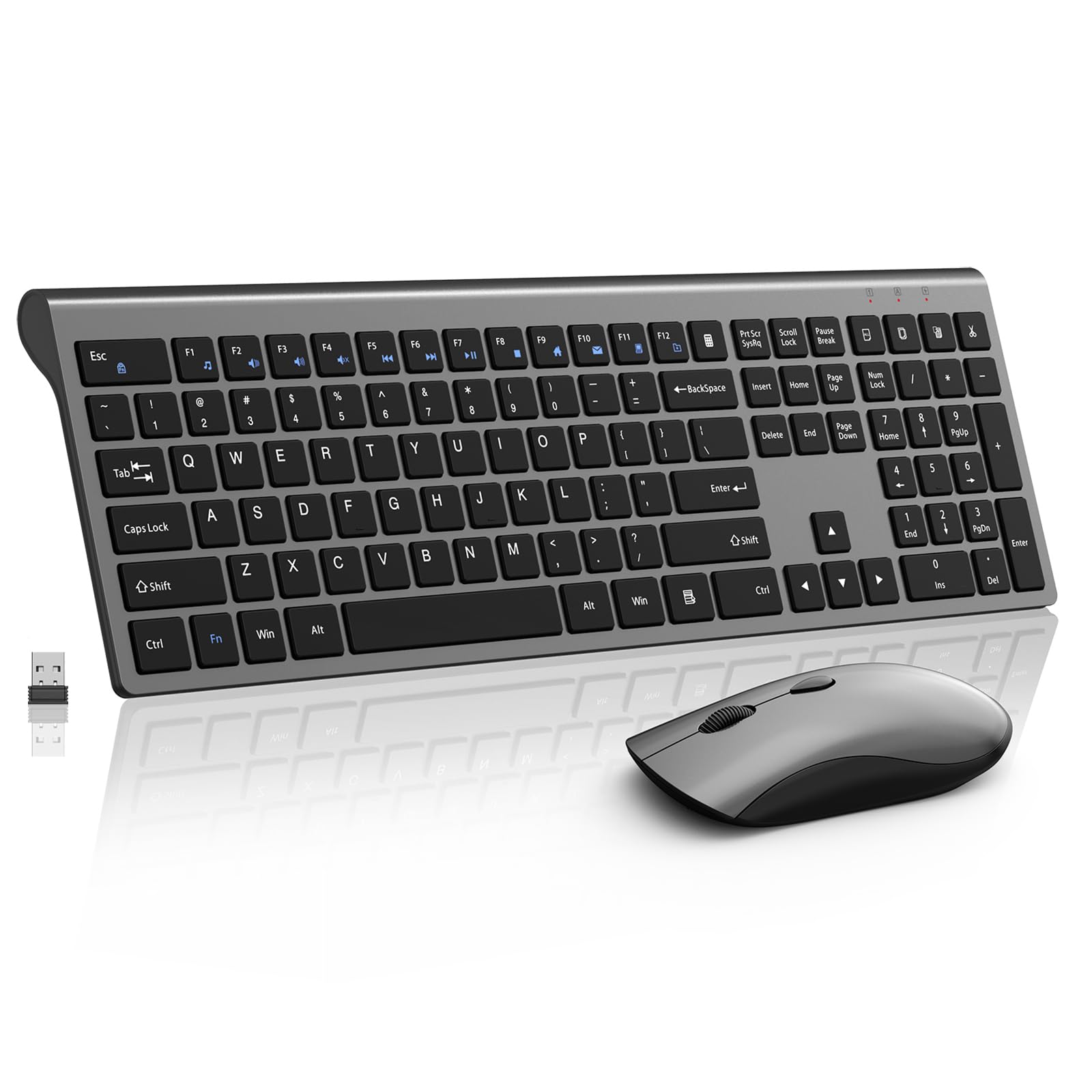 Wireless Keyboard and Mouse Combo - Silent Full-Size Keyboard with Calculator, 2400 DPI Ergonomic Mouse, Quiet Click, Slim USB Cordless Set for PC Laptop Windows Mac (Space Gray) - Perfect for Office, Home & Gaming