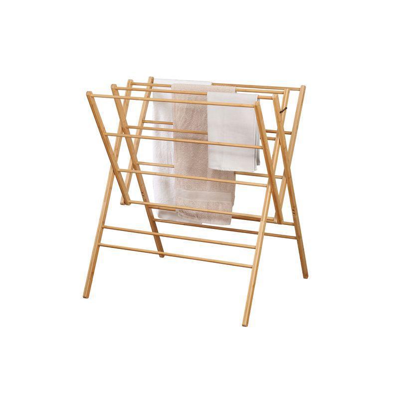 Heavy Duty W Frame Bamboo Clothes Drying Rack - Foldable Laundry Drying Stand for Indoor & Outdoor Use - Perfect for Apartments, Balconies, and Travel