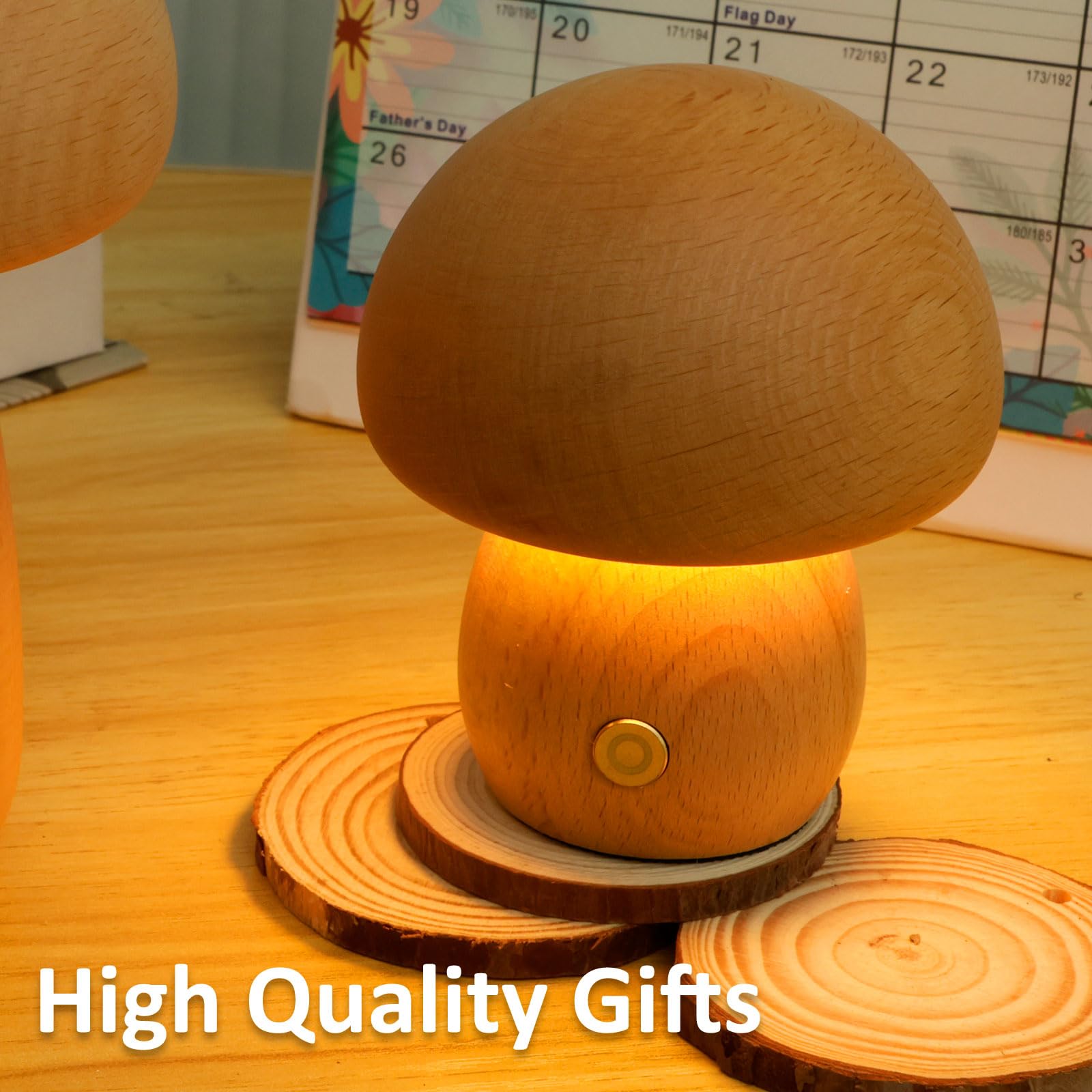 USB Rechargeable Mushroom Night Light - Dimmable LED Touch Lamp with 600mAh Battery, Wooden Table Lamp for Bedroom, Living Room, Nursery | Eye Protection Ambient Lighting for Kids & Adults | Perfect for Bedside, Reading Corner, and Cozy Home Decor