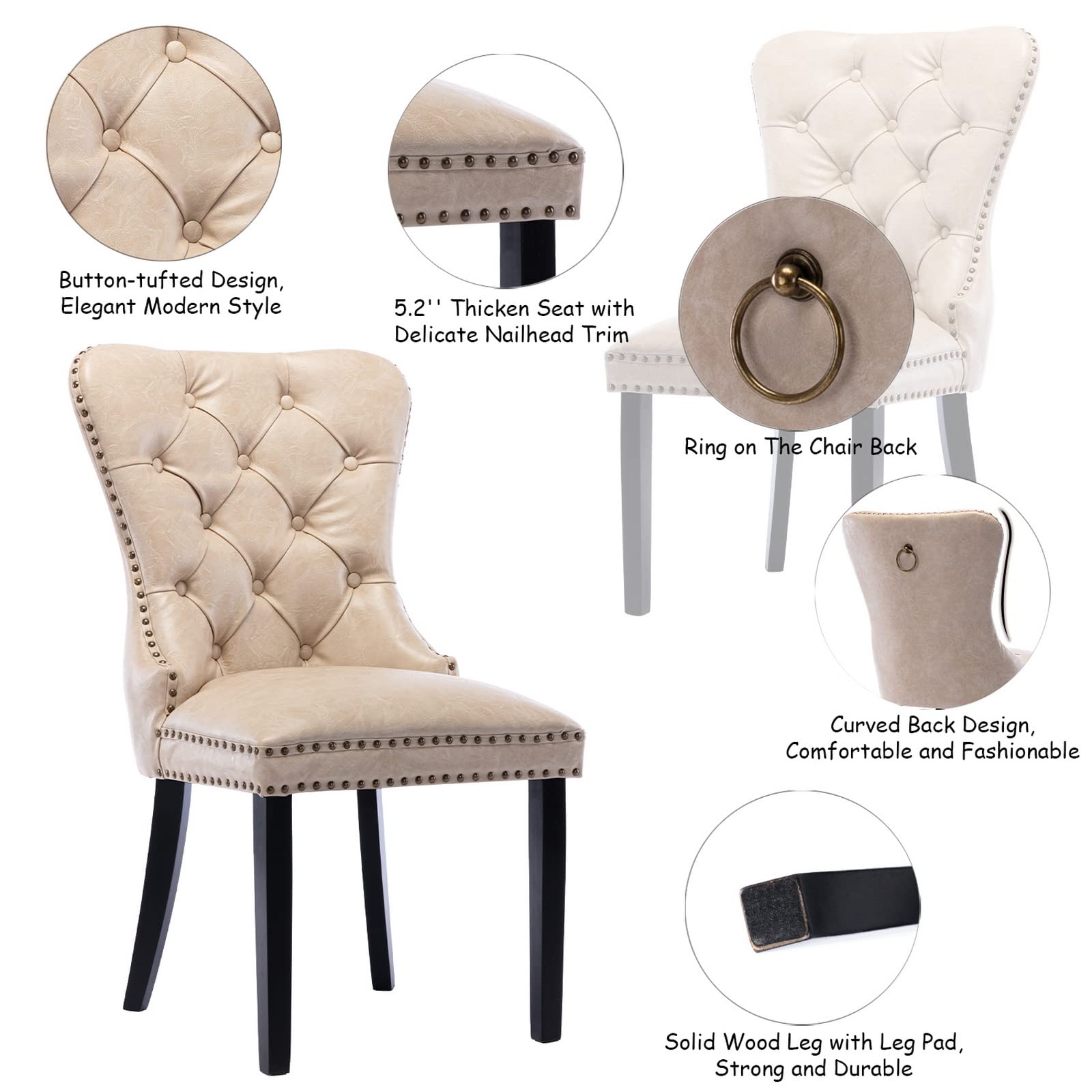 CIMOTA Mid Century Modern Dining Chairs Set of 2 - Beige PU Leather Tufted Upholstered Kitchen Chairs with Nailhead Trim & Ring Back Design | Comfortable for Dining Room, Breakfast Nook & Small Space Entertaining