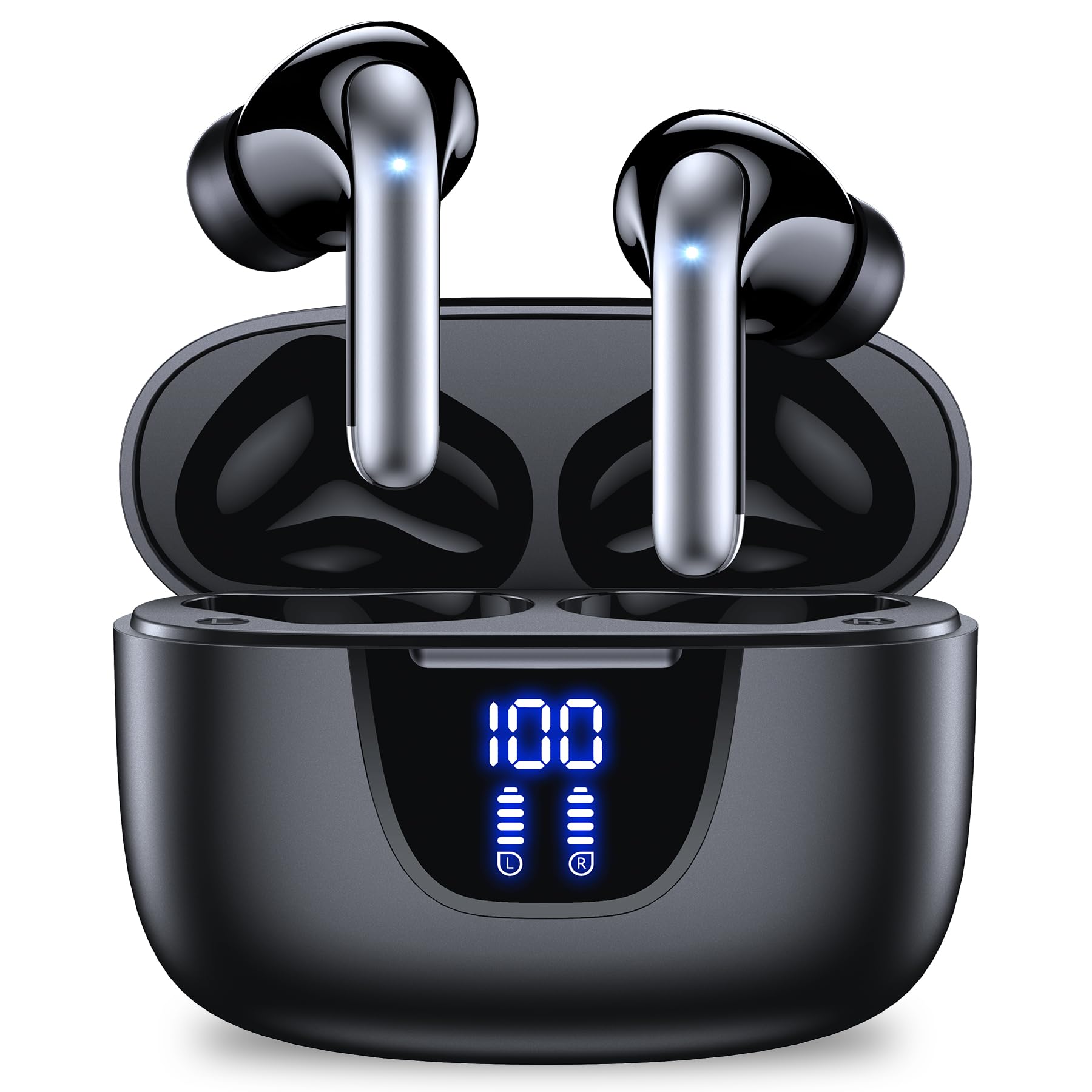 BOLOXA Wireless Bluetooth Earbuds with LED Power Display - 76Hrs Playtime, IPX7 Waterproof, Built-in Mic - Stereo in-Ear Headphones for Sports, Workouts, Running, Phone Calls, Laptop & TV (Black) - Perfect for Gym, Travel & Daily Commute