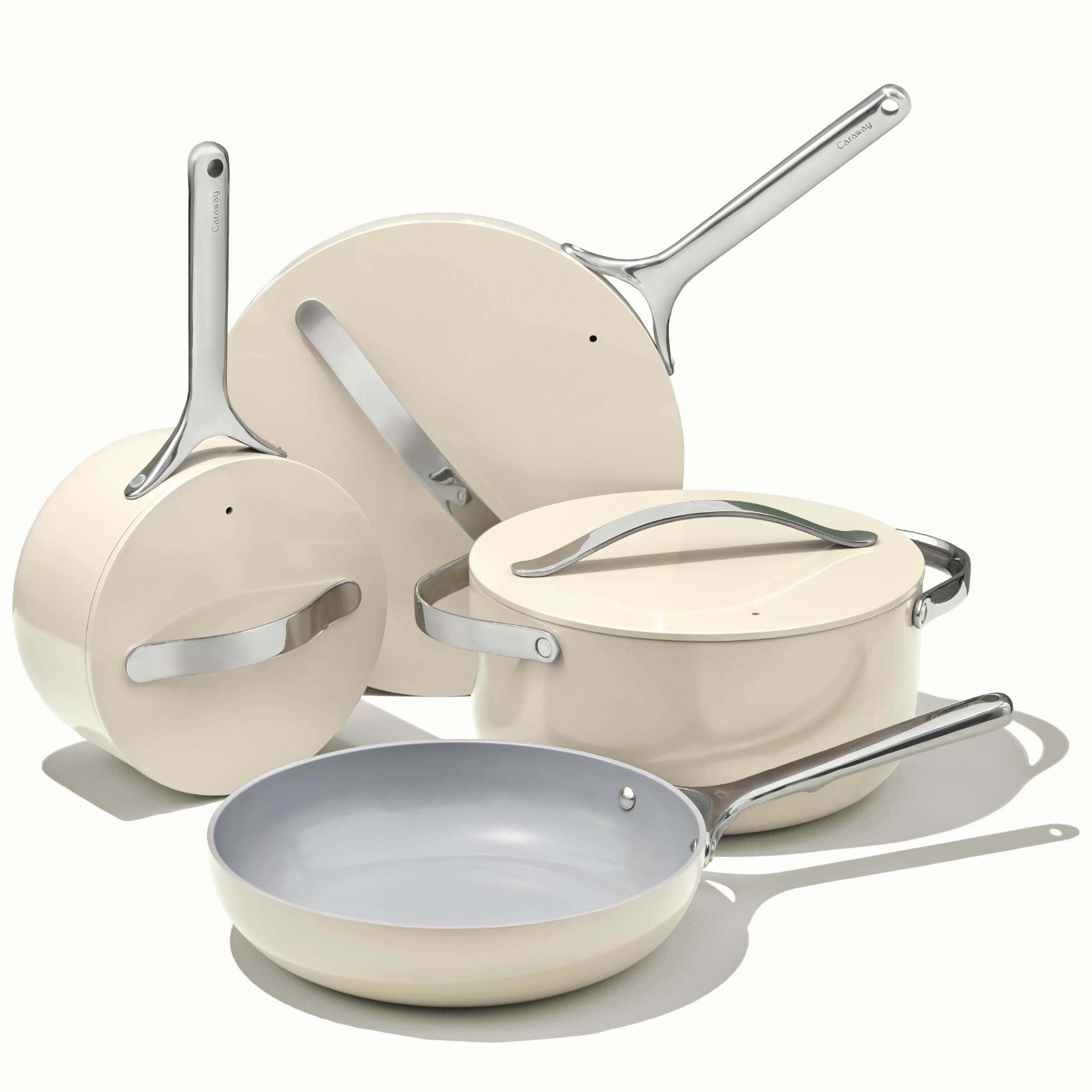 Caraway Nonstick Ceramic Cookware Set - 12 Piece Pots & Pans with 3 Lids | Non-Toxic, Oven Safe & All Stovetop Compatible | Cream Color | Perfect for Healthy Cooking, Baking & Everyday Kitchen Use