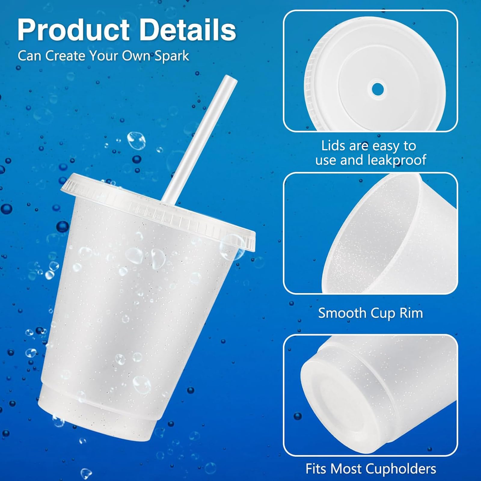 15-Pack Reusable 16oz Glitter Plastic Cups with Lids & Straws - Clear Travel Tumblers for Iced Coffee, Water & Party Drinks | Dishwasher Safe BPA-Free Cups for Home, Office & Outdoor Events