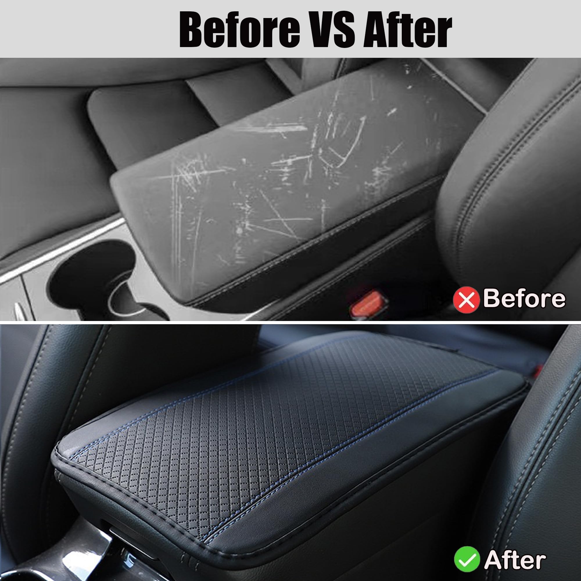Premium PU Leather Car Center Console Cover - Universal Waterproof Armrest Box Protector for Cars, Trucks & SUVs | Interior Accessories | Black-Blue | Perfect for Road Trips & Daily Commutes