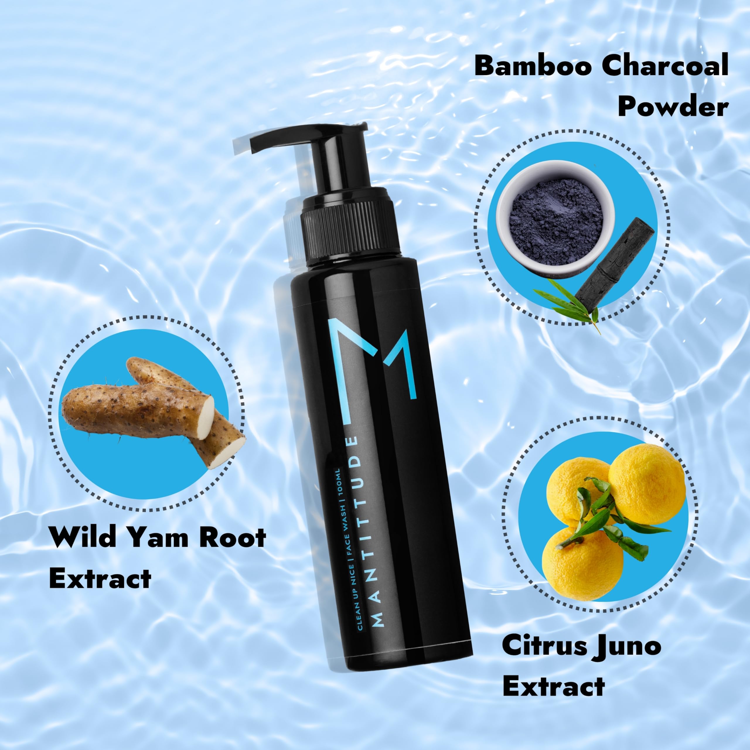 Mantittude Deep Cleansing Face Wash for Men with Activated Bamboo Charcoal, Wild Yam & Citrus Extracts - 100ml Oil-Free Men's Facial Cleanser for Acne & Blackheads - Perfect for Daily Skincare Routine & Travel