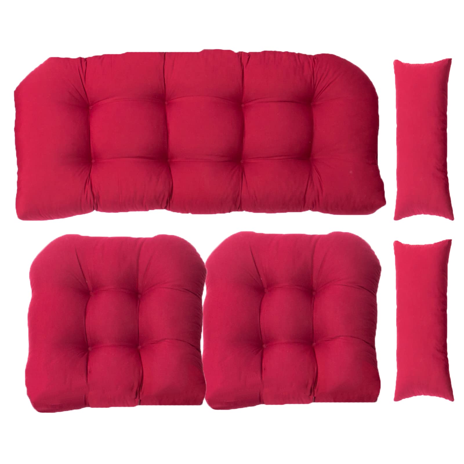 5-Piece Outdoor Patio Furniture Cushion Set - All-Weather Loveseat, U-Shape & Lumbar Pillows - Red Wicker Settee Cushions for Garden, Deck, Poolside & Backyard Furniture - Waterproof & UV Resistant