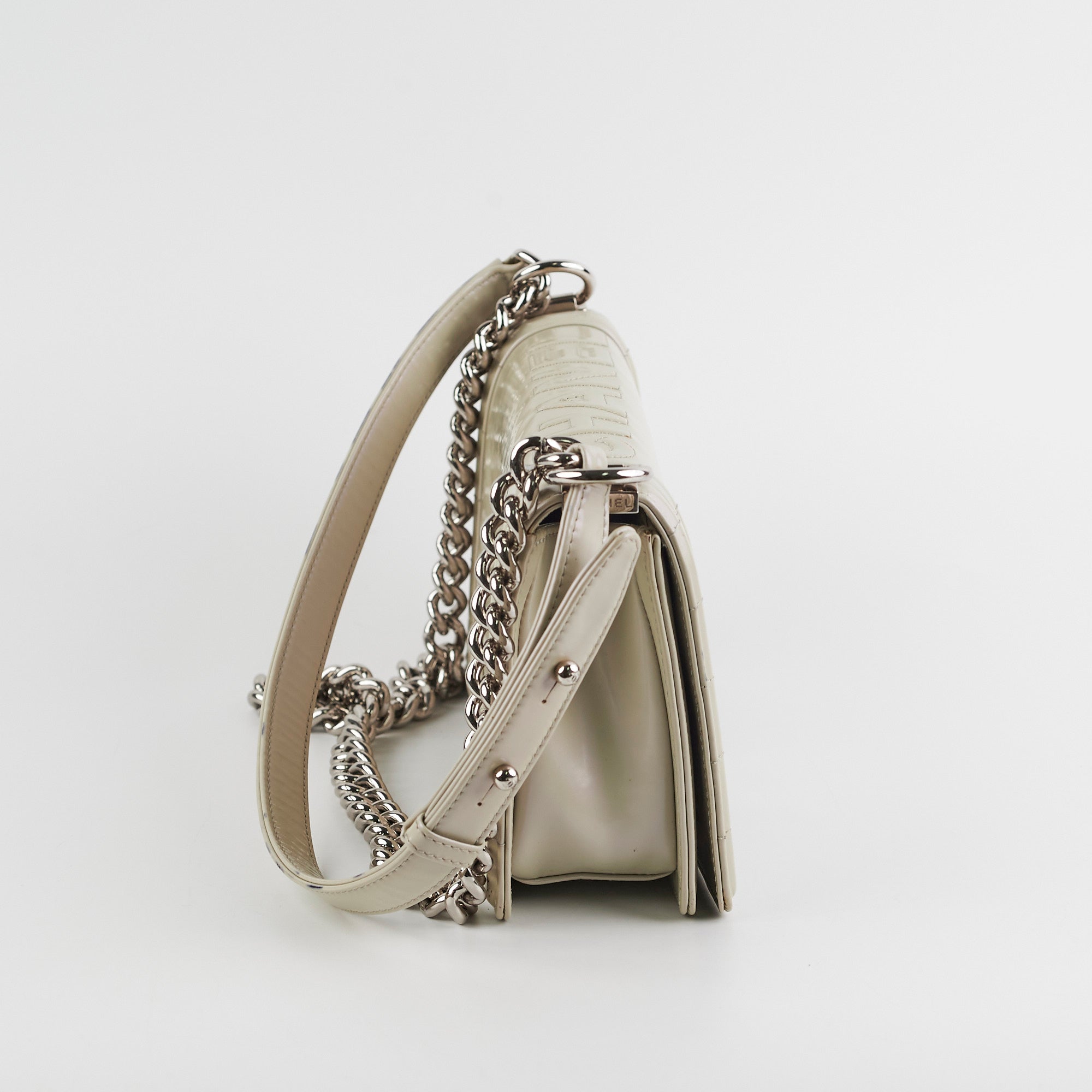 Chanel Boy Old Medium Iridescent Light Grey Leather Shoulder Bag - Luxury Designer Handbag for Women, Perfect for Evening Parties & Special Occasions