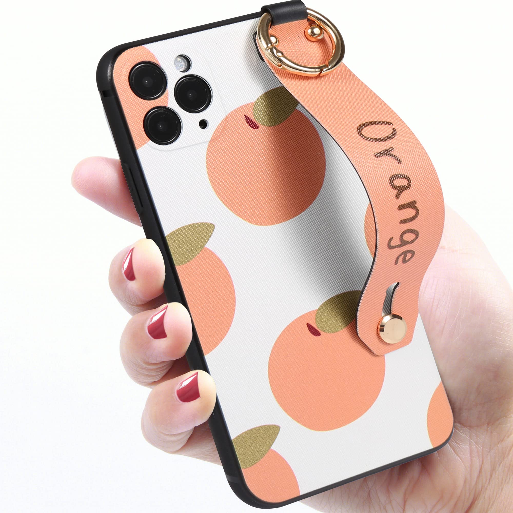 Cute Matte Orange Fruit Print Plastic Phone Case with Wrist Strap & Finger Ring for Apple iPhone 12 Pro/12 Plus - Trendy Girls' Protective Cover for Everyday Use, School & Travel
