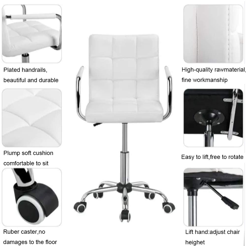 Modern Mid-Back PU Leather Office Chair with Adjustable Height, Wheels & Armrests - Ergonomic Computer Desk Chair for Home Office, Kitchen Counter or Bar (White) - Perfect for Long Work Sessions & Small Spaces