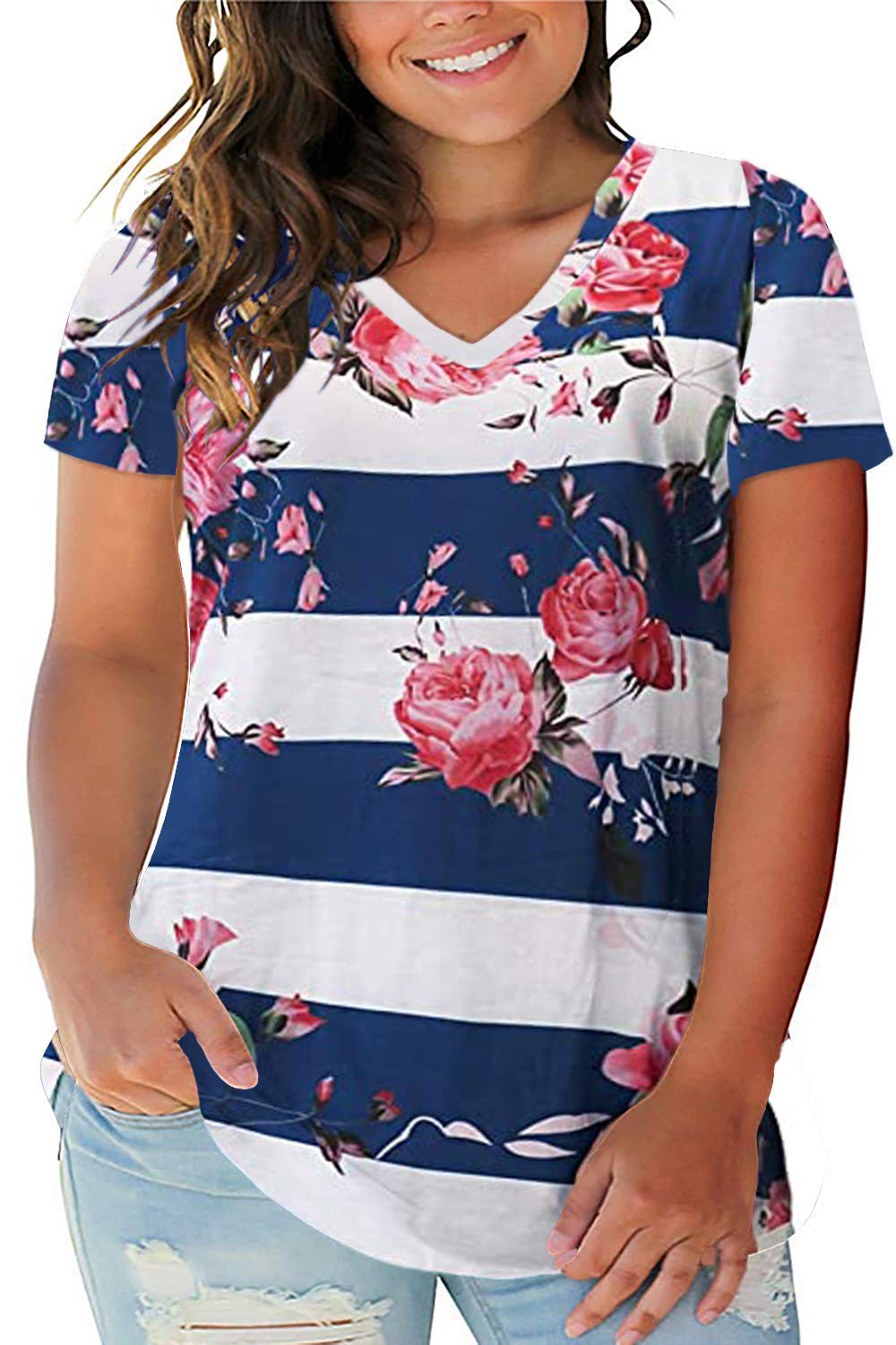 ROSRISS Plus Size Women's Casual Summer T-Shirts - V Neck Short Sleeve Tunics for Everyday Wear & Outdoor Activities