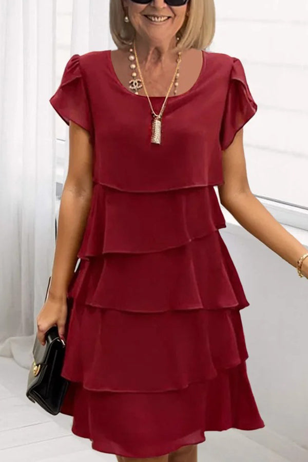 Solid Color Round Neck Short Sleeve Casual Multi-Layered Mini Dress for Women - Summer Beach Party, Date Night & Everyday Wear