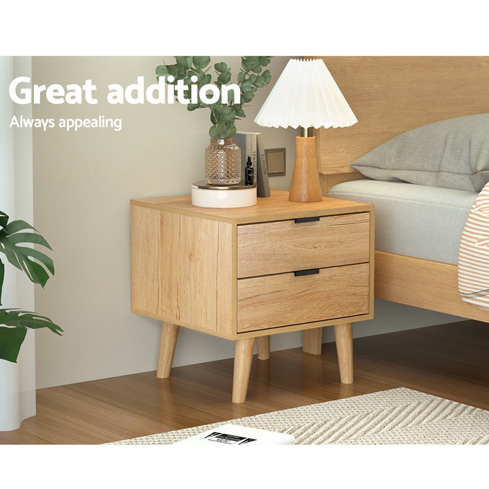2 Drawer Pine Bedside Table - Nightstand with Storage for Bedroom, Living Room, or Office - Natural Wood Finish