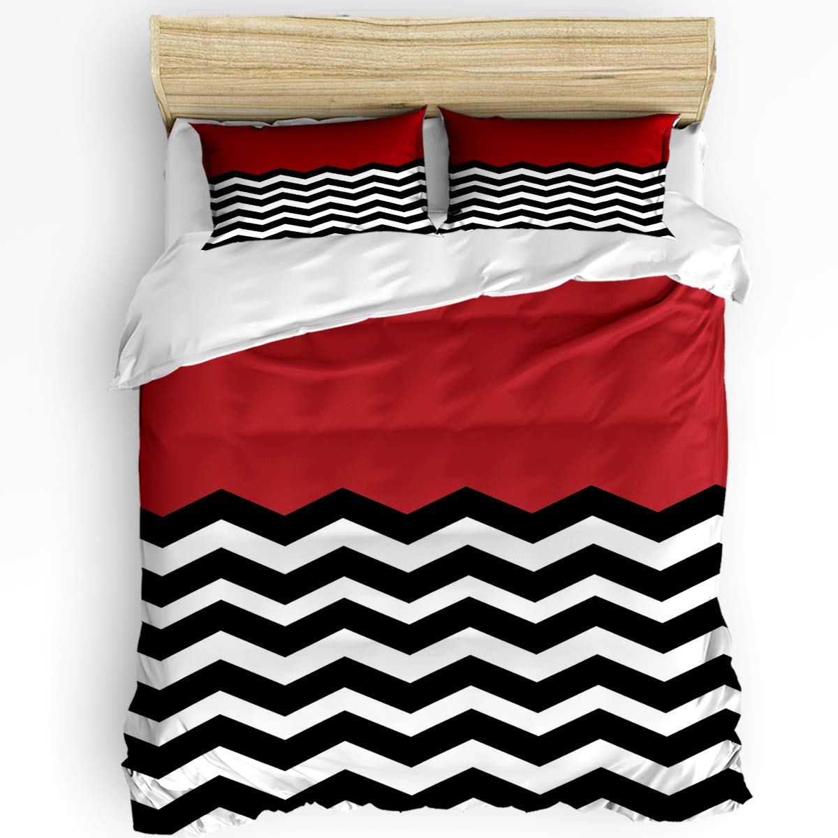 Soft & Plush Red Black White Chevron Twill Duvet Cover Set with Zipper Closure - Full Size 1 Duvet Cover + 2 Pillow Shams | Cozy Bedroom Upgrade for Modern Home Decor