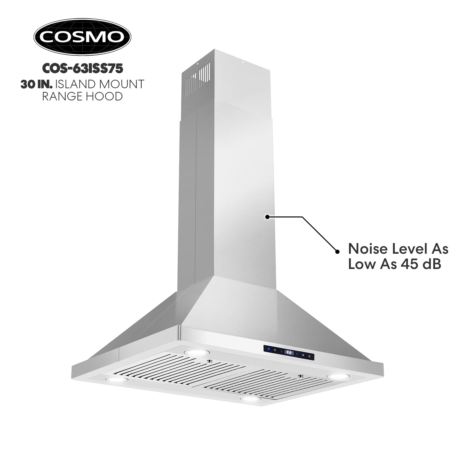 COSMO COS-63ISS75 30-inch Stainless Steel Ducted Island Range Hood - 380 CFM, Soft Touch Controls & LED Lights - Perfect for Modern Kitchen Islands & Open Concept Homes