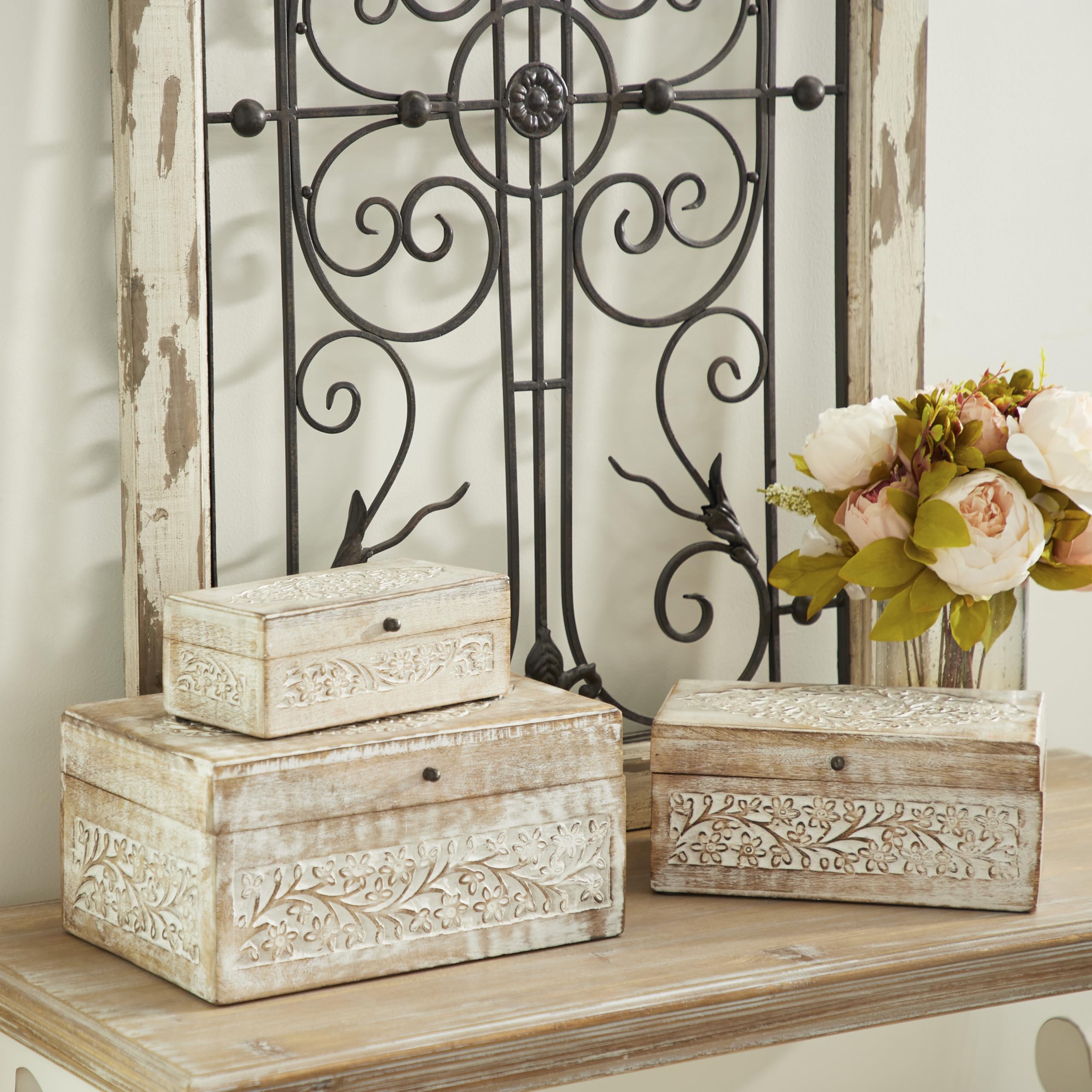 Mango Wood Floral Decorative Box Set of 3 - Storage for Home Decor