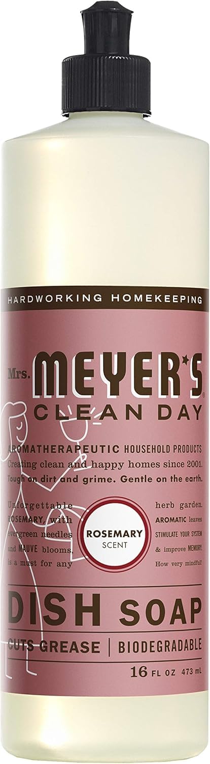 Mrs. Meyer's Clean Day Liquid Dish Soap - Rosemary Scent, 16 oz (Pack of 3) | Plant-Based Dishwashing Liquid for Greasy Pans & Delicate Glassware | Kitchen, Camping & RV Use