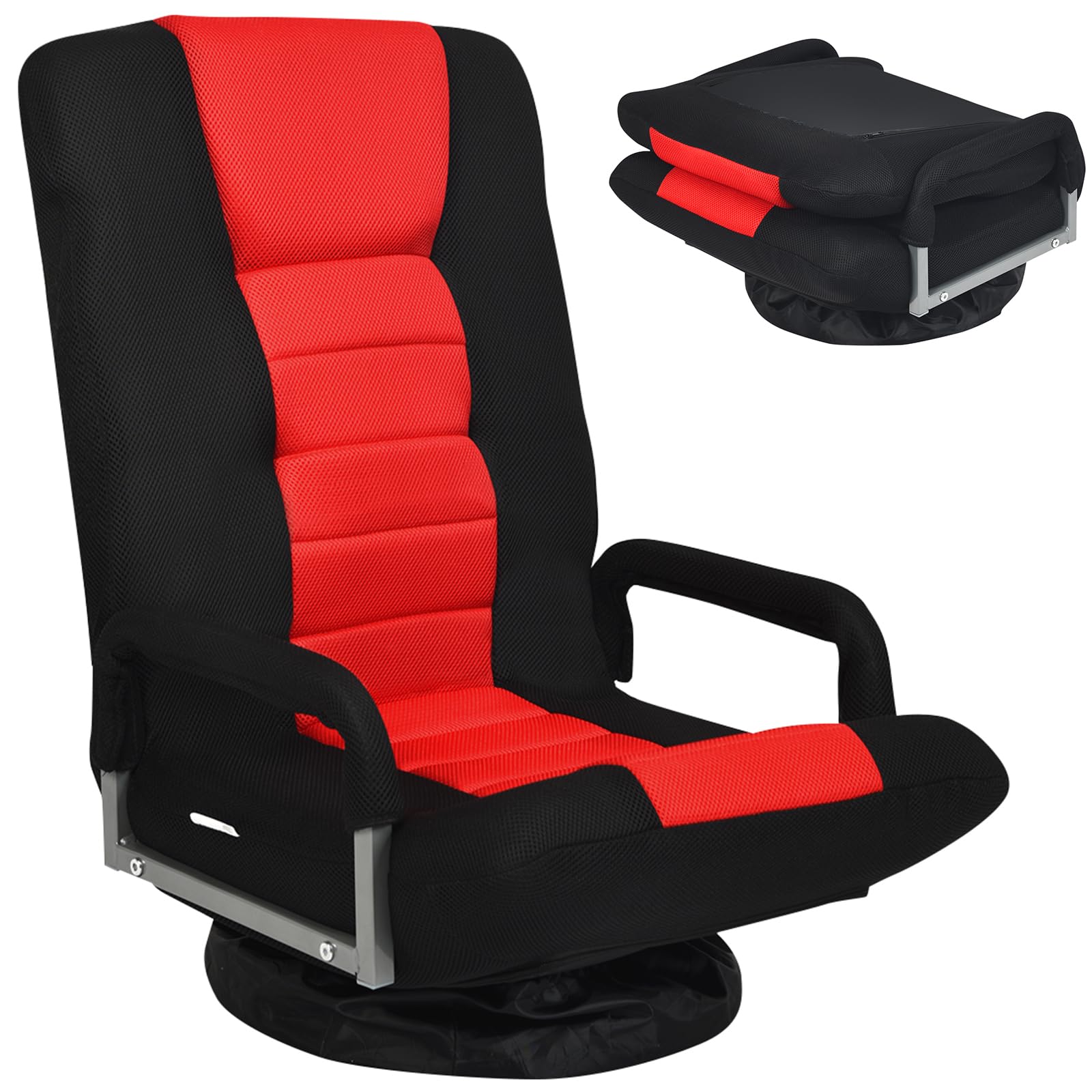 Giantex 360 Degree Swivel Floor Chair - Adjustable Backrest with Lumbar Support & Armrests, Foldable Lazy Sofa Rocker for Living Room, Bedroom, TV Watching, Reading & Gaming (Black/Red) - Comfortable Floor Seating for Small Spaces & Relaxation