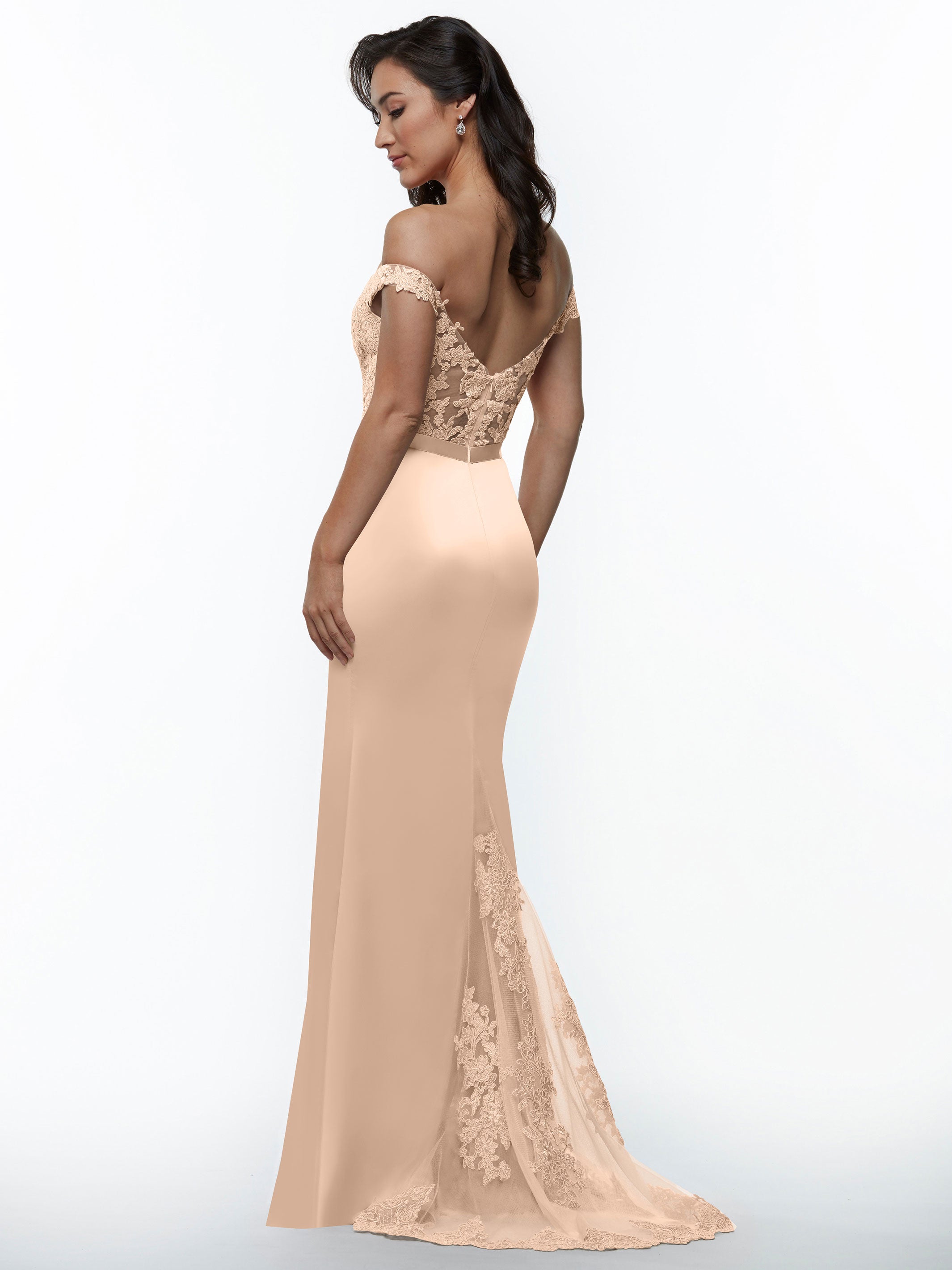 Elegant 80104 Satin Off-The-Shoulder Bridesmaid Dress with Lace Bodice & Waist Sash - Perfect for Weddings, Proms & Formal Events
