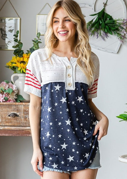 Stylish Patriotic Mixed Fabric Stars & Stripes Women's Top - Perfect for 4th of July, Memorial Day & Summer Outfits