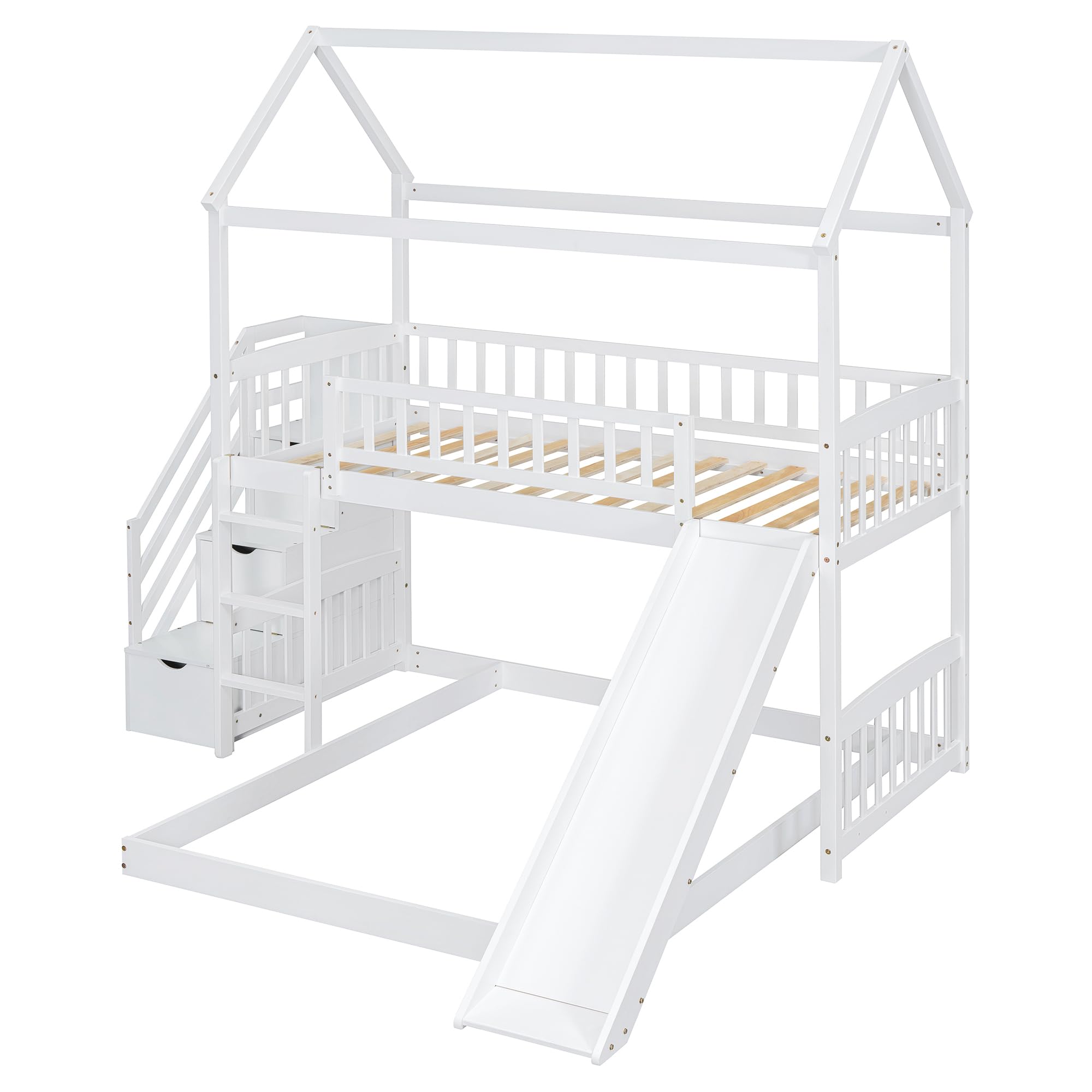 Merax Twin Over Twin Loft Bunk Bed with Slide, Stairs & Storage Drawers - No Box Spring Needed - White Space-Saving Kids Bunk Bed for Small Rooms, Dorms & Sleepovers