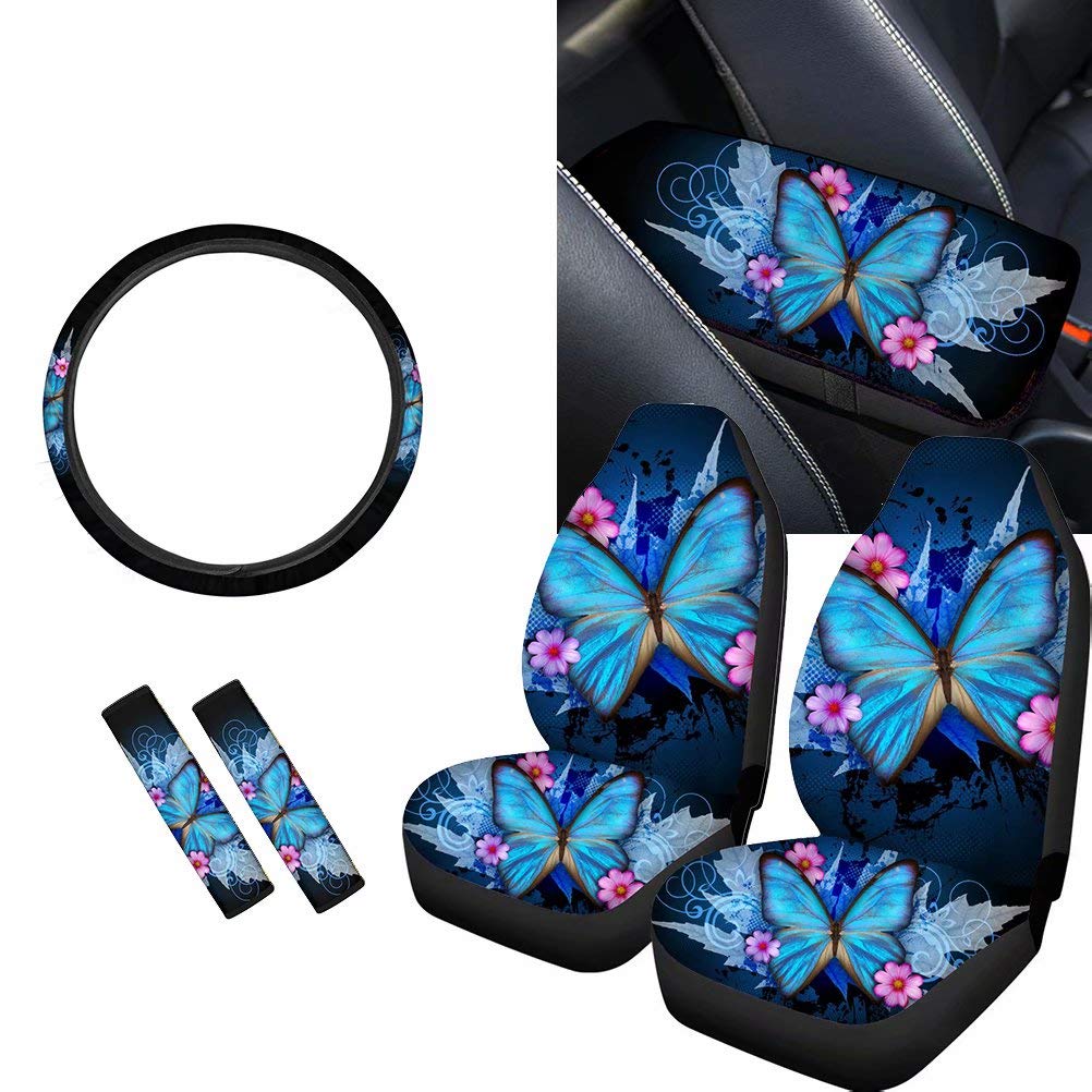Blue Butterfly 6-Piece Car Seat Accessories Set - Front Seat Protectors, Steering Wheel Cover, Sweat-Absorbing Seat Belt Pads, Neck Strap Cushion & Armrest Covers | Universal Fit for Cars, SUVs & Trucks | Comfort & Protection for Long Drives, Commuting & Road Trips