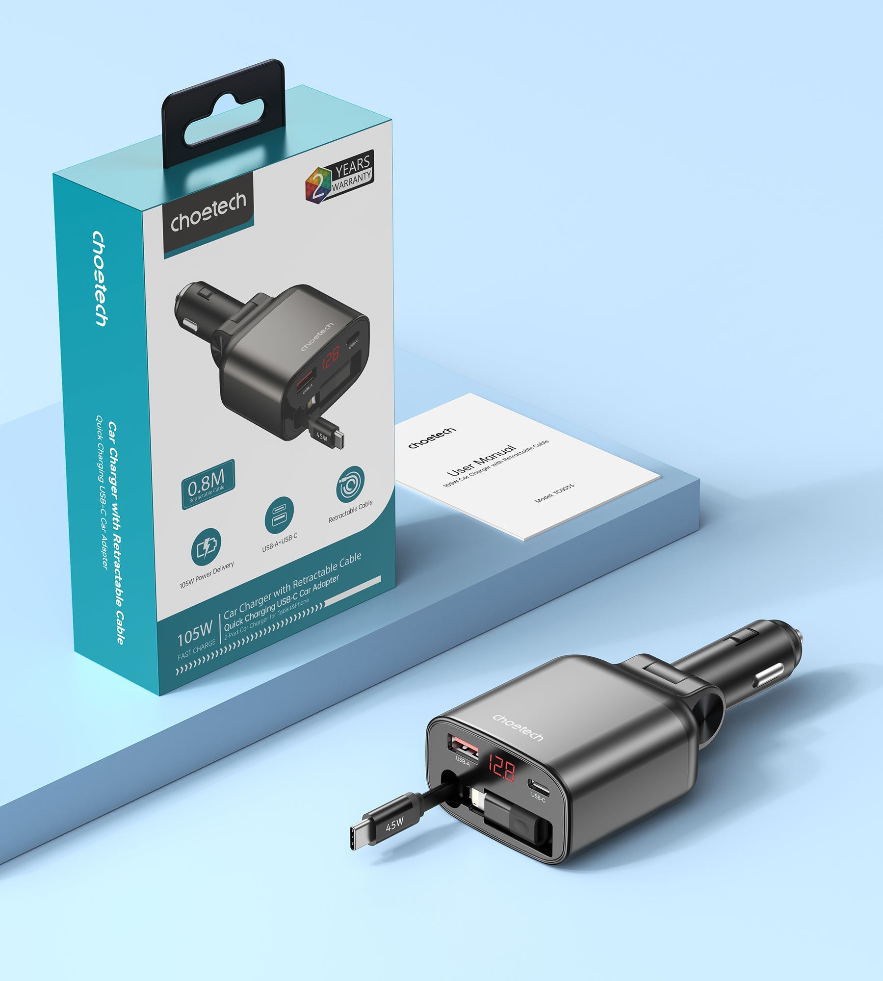 Choetech TC0033 105W Dual Port Car Charger with Retractable USB C Cable - Fast Charging for iPhone, Samsung, iPad - Perfect for Road Trips & Long Drives