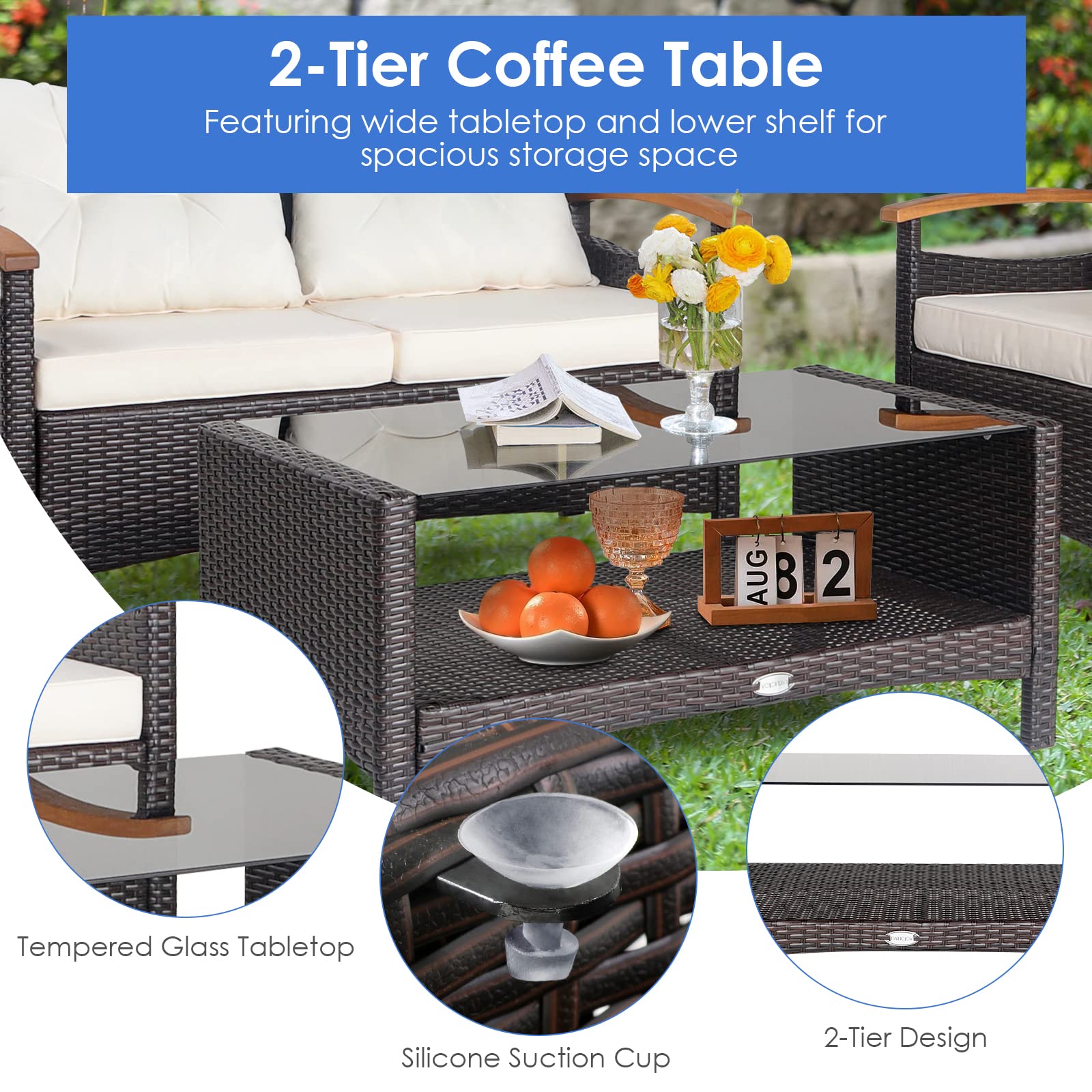 HAPPYGRILL 4-Piece Outdoor Patio Furniture Set - Rattan Sectional Sofa with Soft Cushions & Coffee Table, Wicker Conversation Set with Acacia Wood Armrests - Perfect for Poolside, Garden, Backyard, Deck & Patio Relaxation