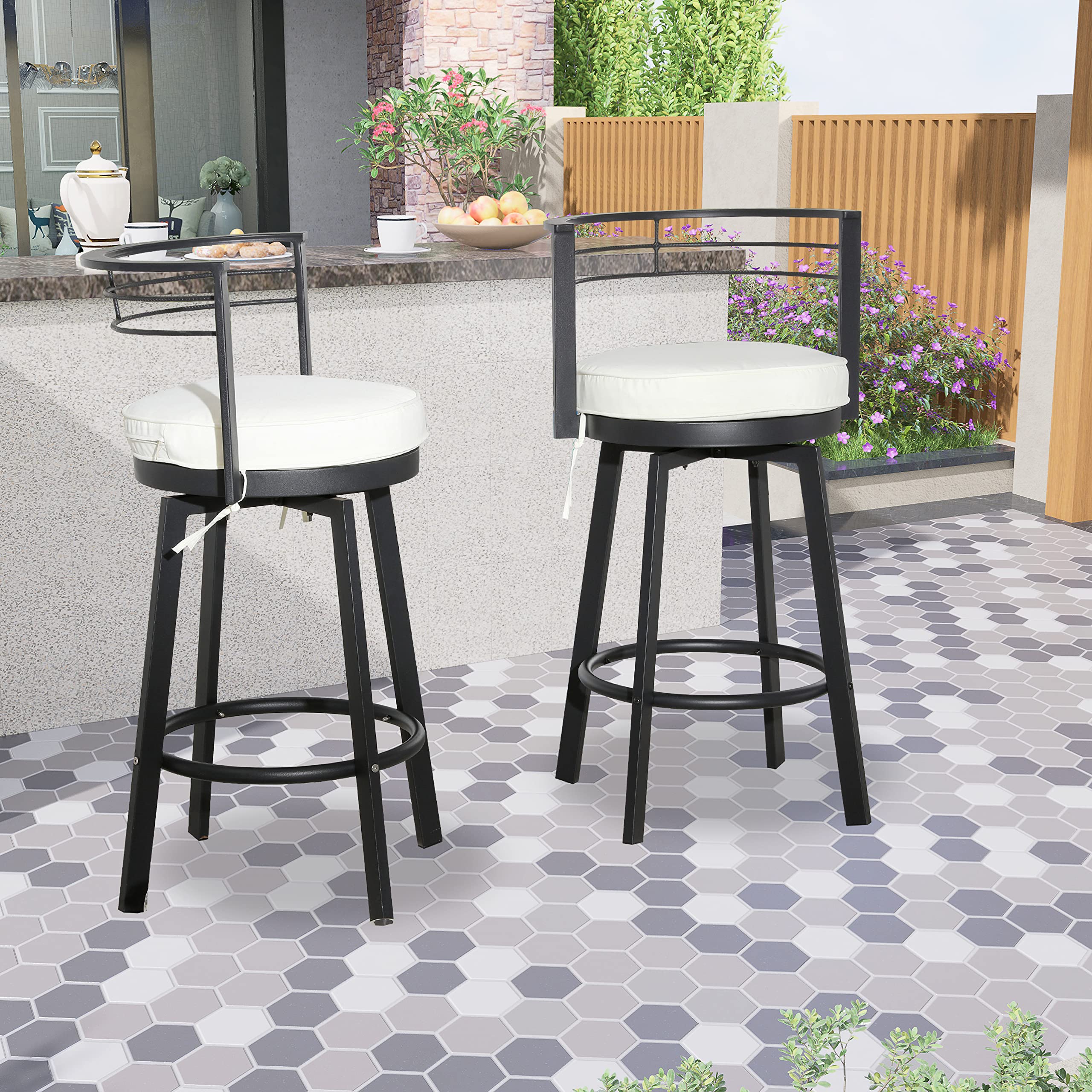 Modern Swivel Bar Stools Set of 2 - Outdoor High Bistro Chairs with Curved Back & All-Weather Cushions - Patio Dining Furniture for Deck, Lawn, Garden - Perfect for Outdoor Entertaining & Backyard BBQs