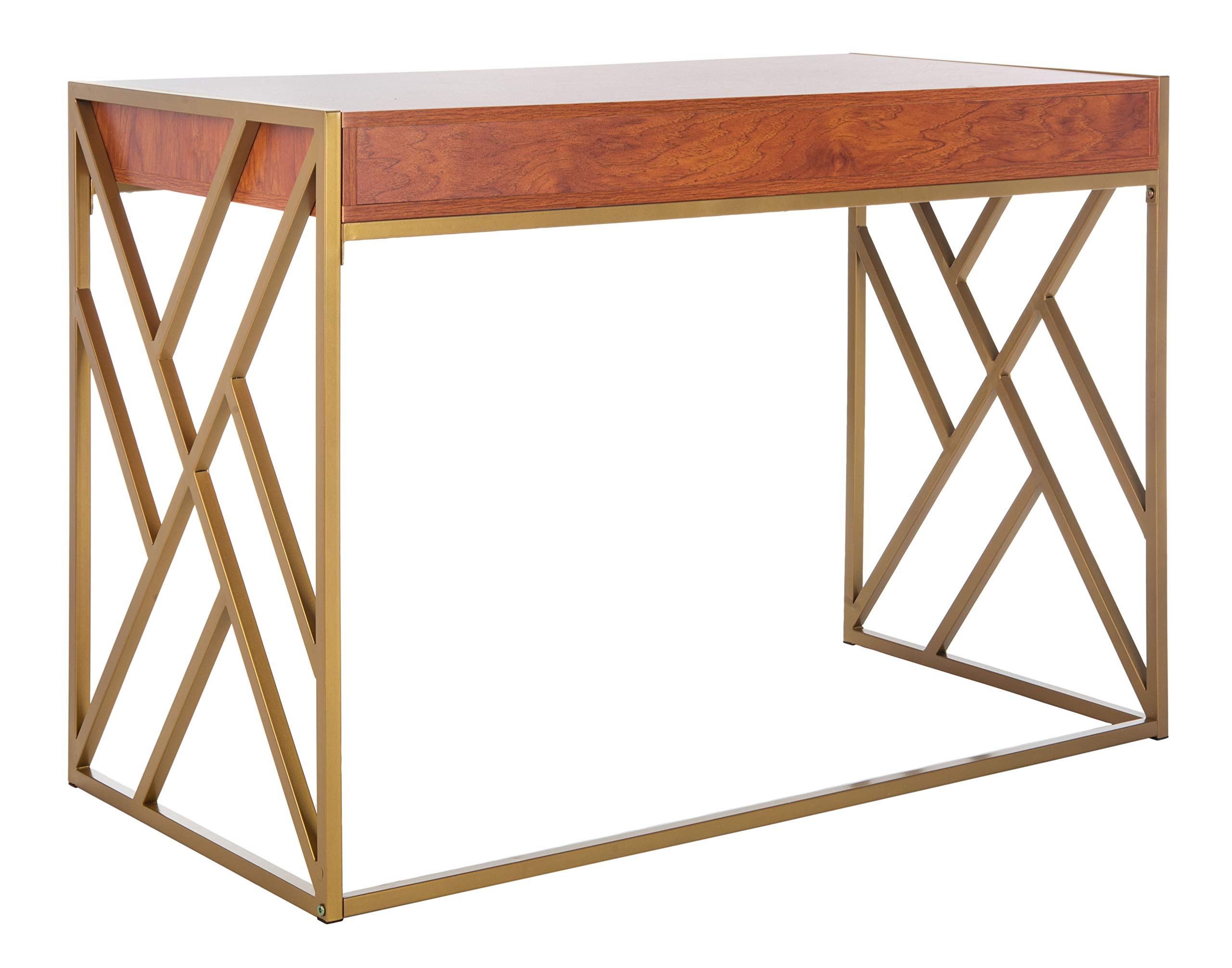 Safavieh Elaine Modern Home Office Desk with 1 Drawer - Natural Wood & Gold Finish for Stylish Workspaces & Study Rooms