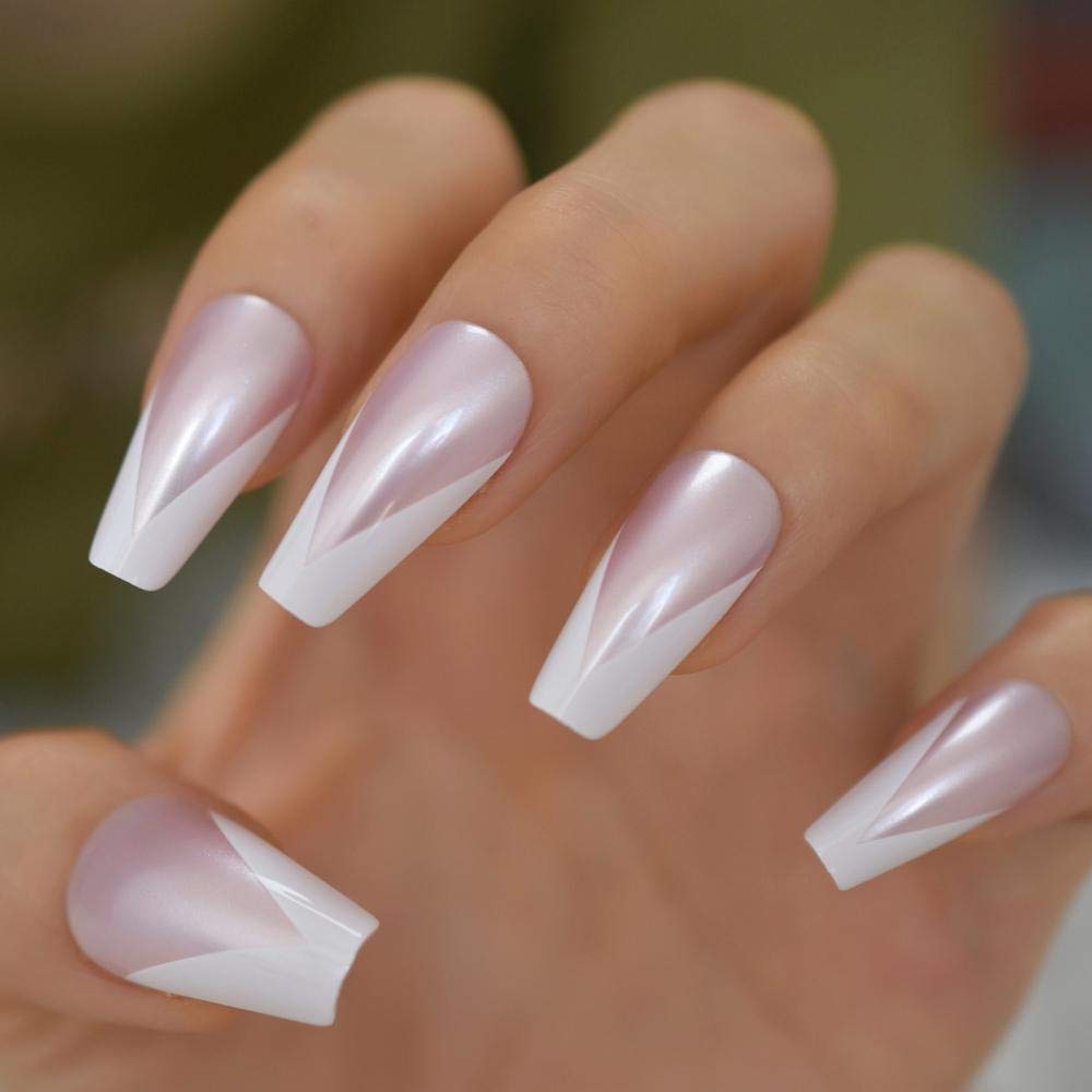 HUJL False Nails - Shiny French Pink Pearl Press On Fake Nails, Long Ballerina & Coffin Shape Nail Covers with Extension Tool | Perfect for Parties, Weddings & Special Occasions