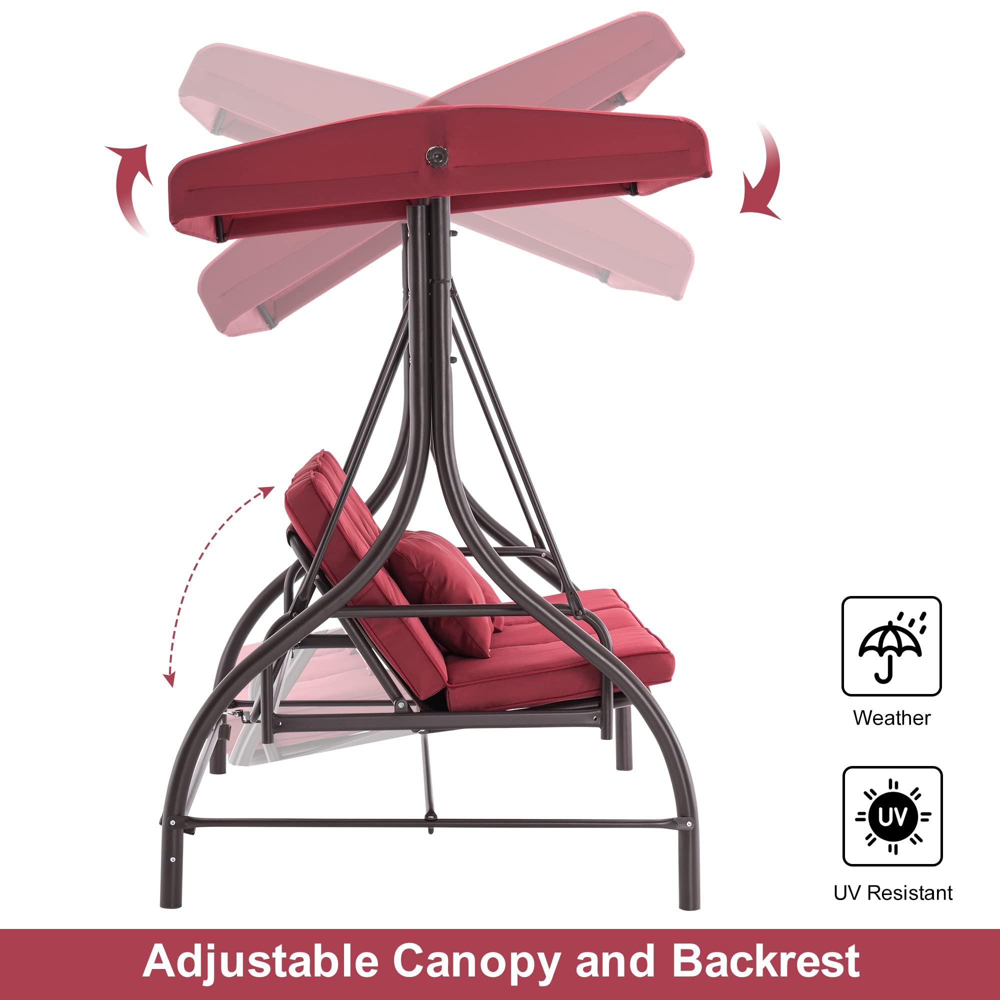 MCombo 3-Seat Outdoor Patio Swing Chair with Adjustable Backrest & Canopy - Porch Swing Glider with Cushions & Pillows - 4068 (Burgundy) - Perfect for Garden, Backyard, Deck or Balcony Relaxation