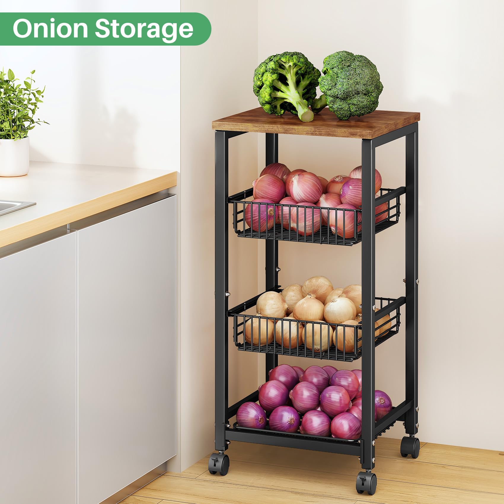 SNTD Pull Out Metal Wire Basket with Wood Top - Kitchen Pantry Organizer for Fruits, Vegetables, Onions, Potatoes & Snacks | Space Saving Storage Solution for Countertop, Cabinet or Pantry
