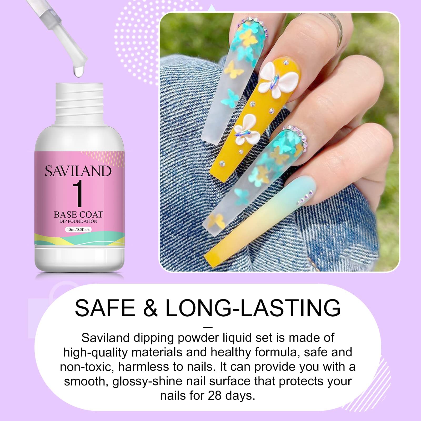 Saviland Dipping Powder Liquid Set - 30ml Large Capacity Brush Saver & 15ml Dip Powder Base/Top Coat Gel Activator for Professional Dip Powder Nail Kit (No UV Lamp Needed) - Perfect for Salon, Home Manicures & DIY Nail Art