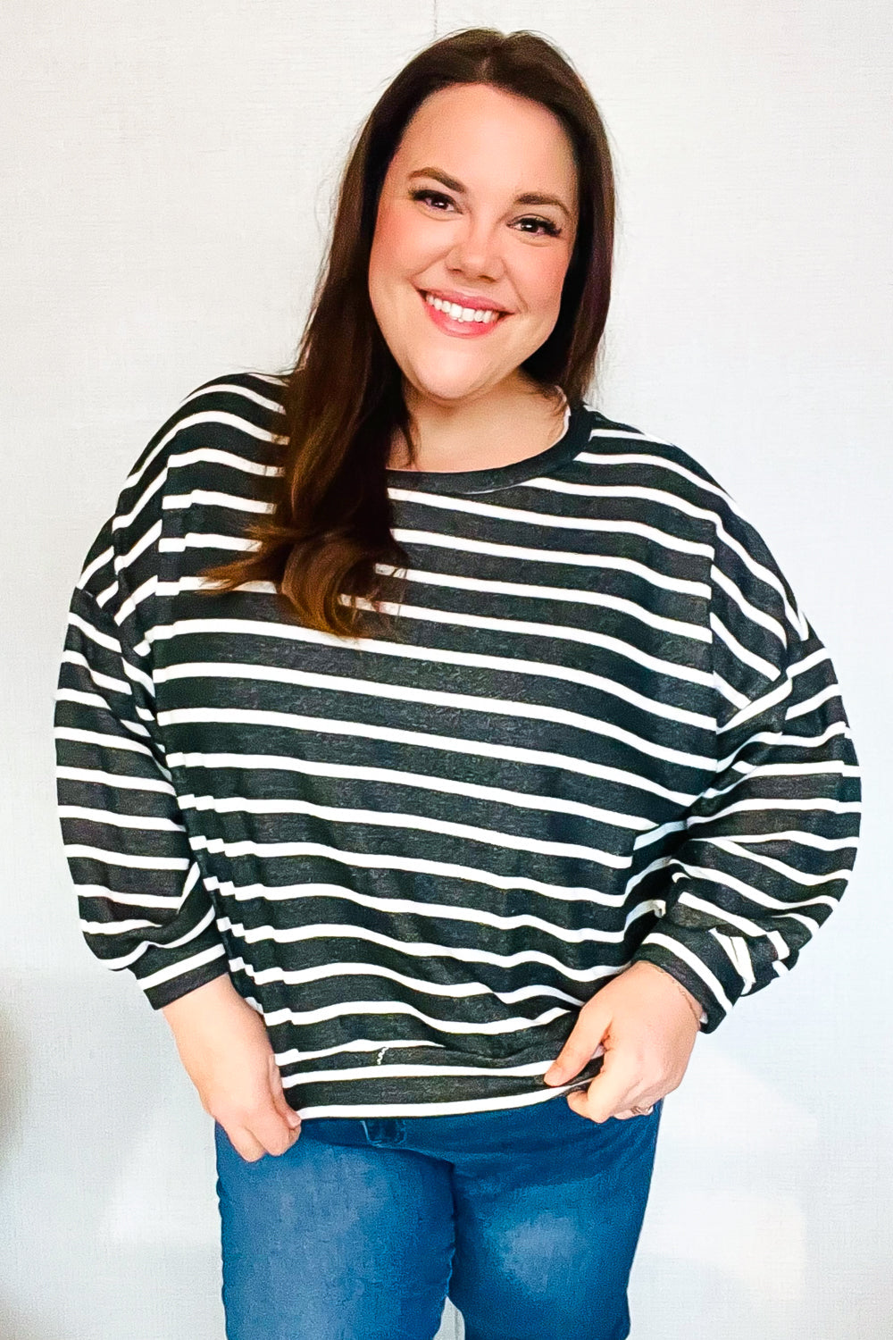 Stylish Charcoal Striped Terry Banded Dolman Pullover Sweater for Women - Cozy & Fashionable Loungewear for Casual Outings and Relaxing at Home