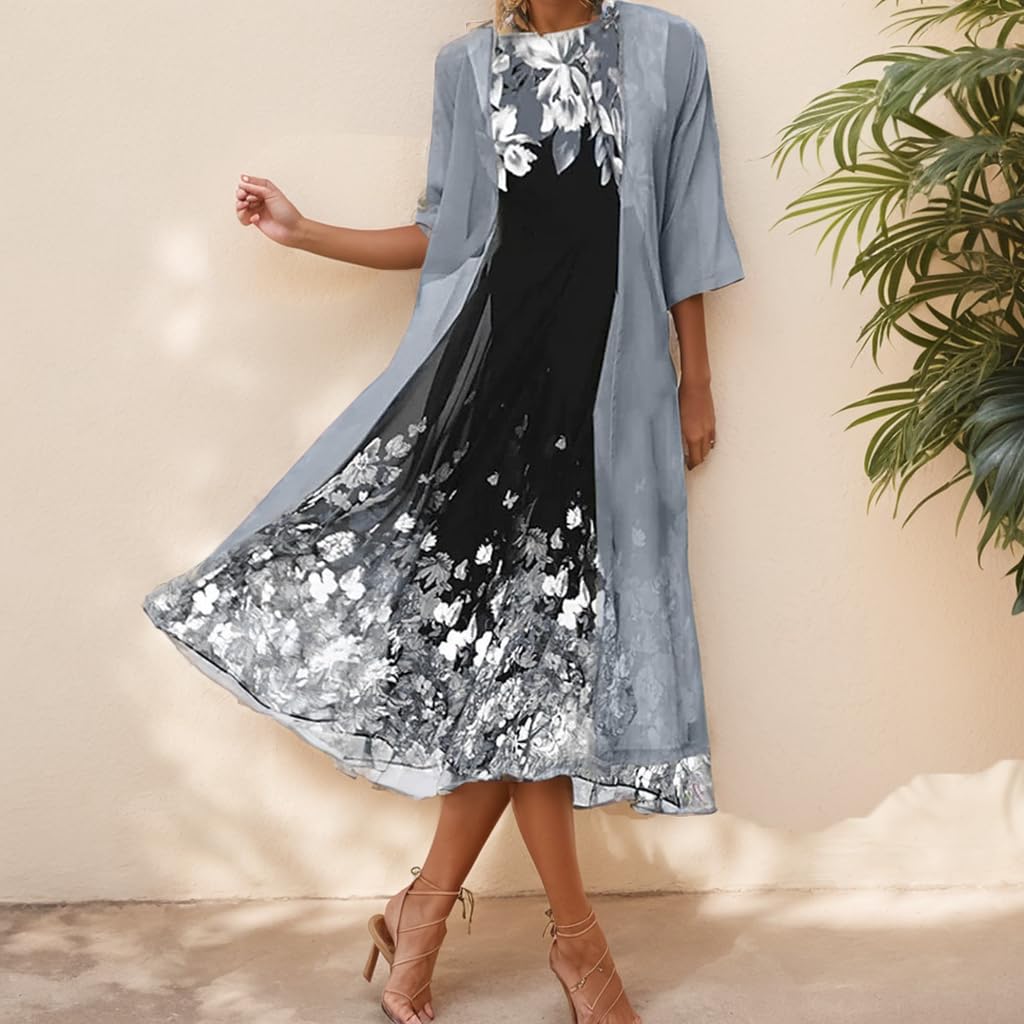 Women's Flowy Chiffon Floral Maxi Dress with Jacket 2-Piece Set - Summer Wedding Guest Dress, Cocktail Party Outfit, Beach Cover Up, Vacation Dress