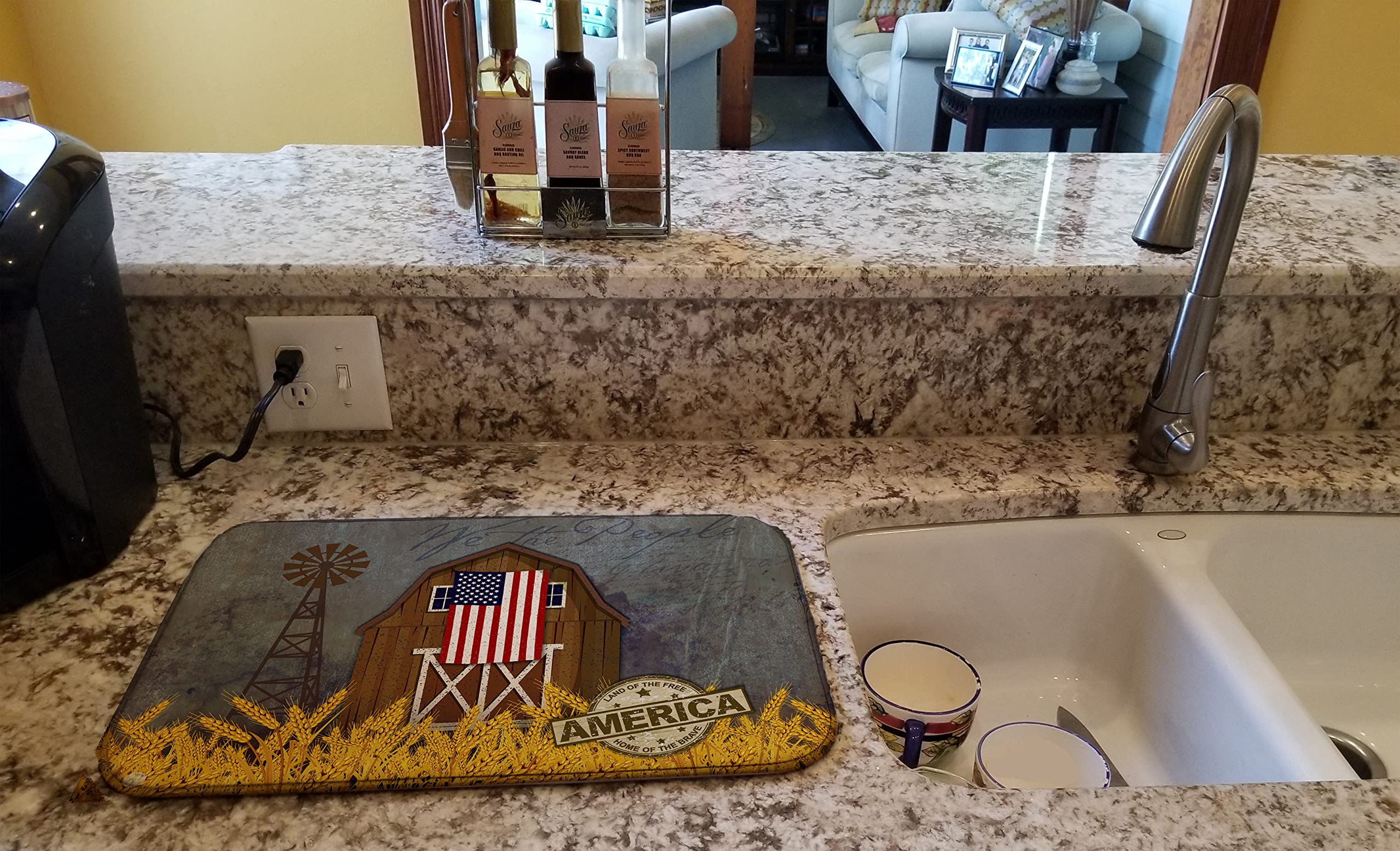 Patriotic Barn Dish Drying Mat - Absorbent Kitchen Counter Mat (14x21